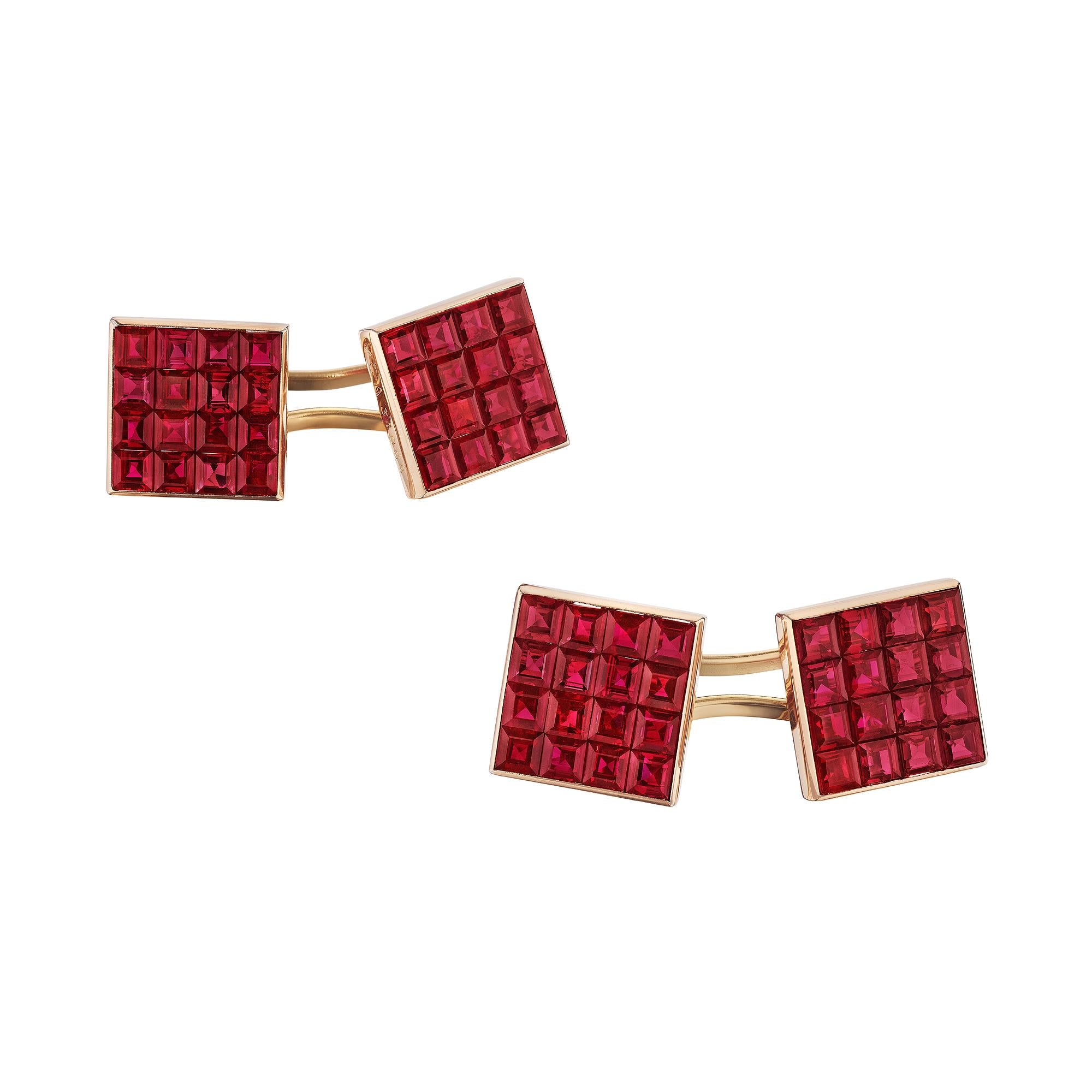 Women's or Men's Van Cleef & Arpels Paris Modernist Invisibly Set Square Cut Ruby Gold Cufflinks