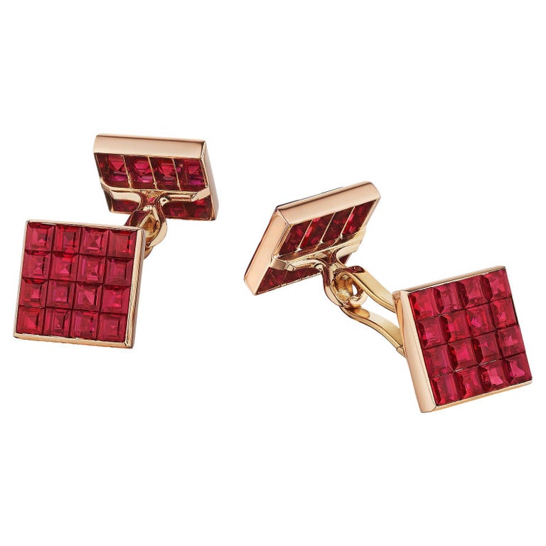Van Cleef & Arpels Paris Modernist Invisibly Set Square Cut Ruby Gold Cufflinks For Sale