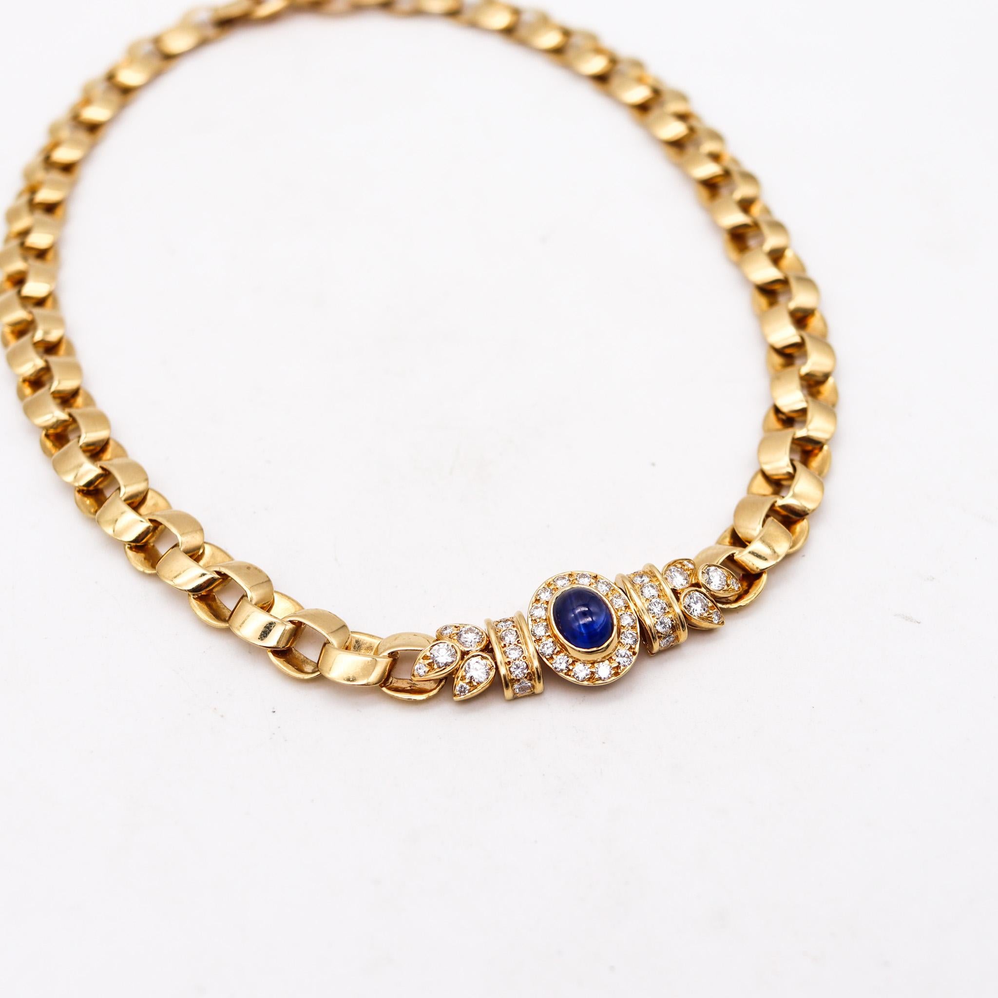 Modernist Van Cleef & Arpels Paris Necklace In 18Kt Gold With 3.63 Ctw Diamonds & Sapphire For Sale
