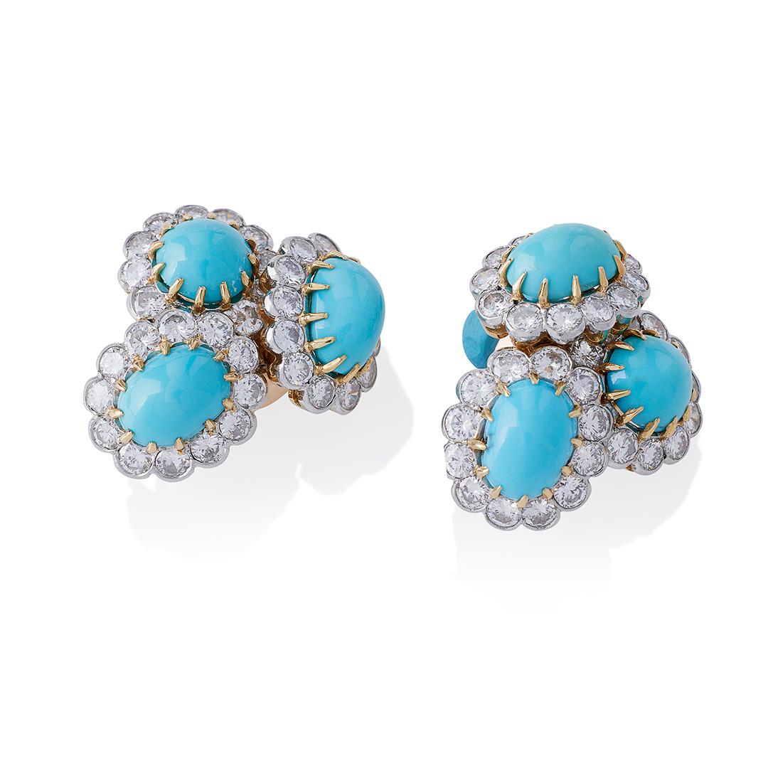 Cabochon Van Cleef & Arpels Paris Turquoise and Diamond Bombé Cluster Earrings