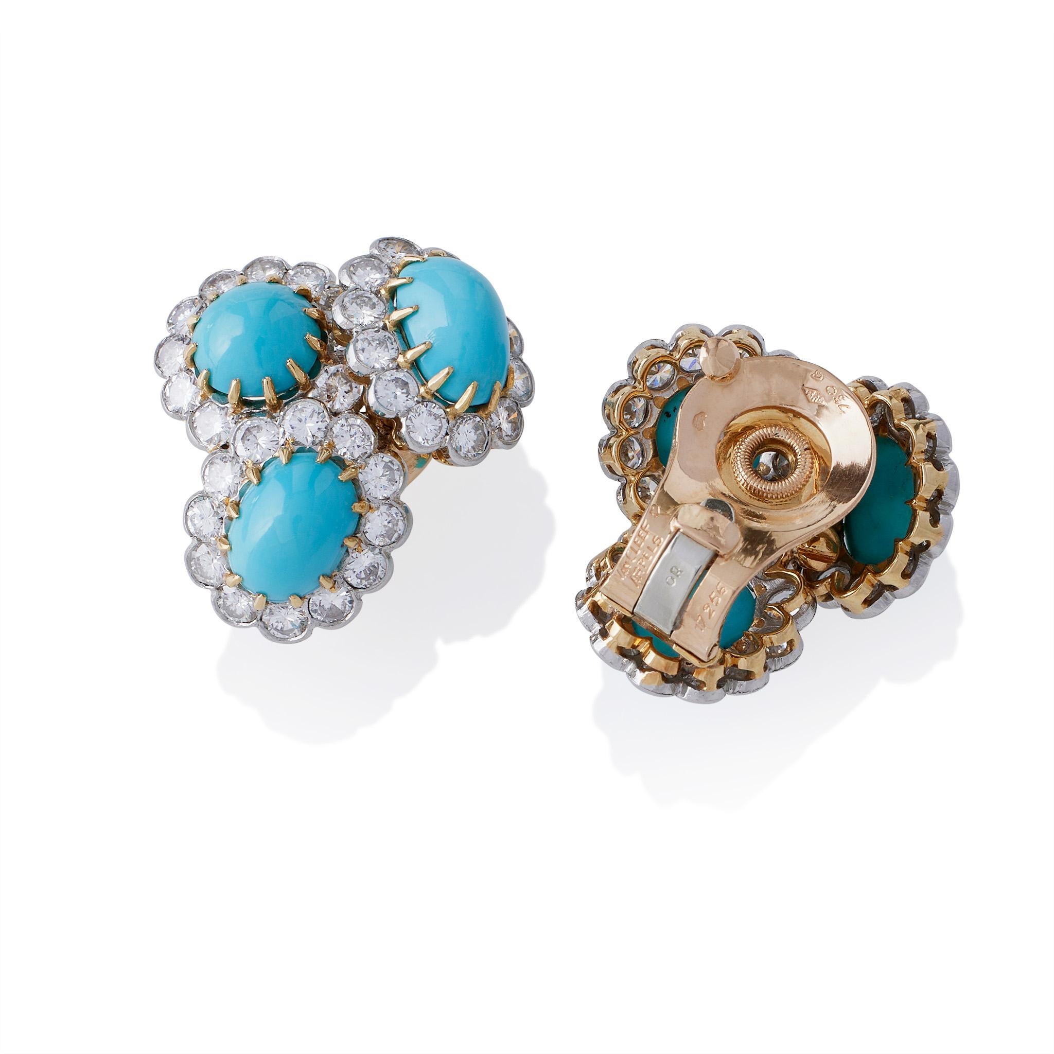 Van Cleef & Arpels Paris Turquoise and Diamond Bombé Cluster Earrings In Excellent Condition In New York, NY