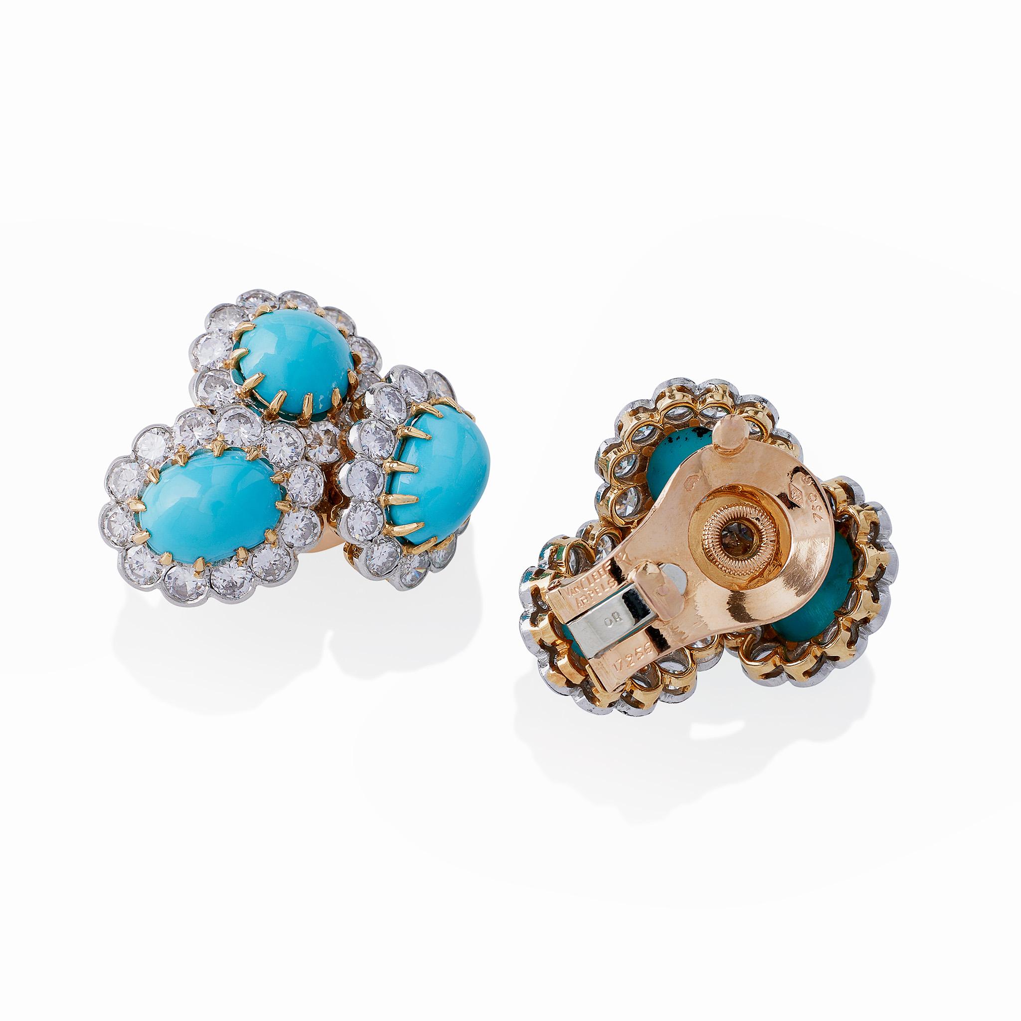Women's or Men's Van Cleef & Arpels Paris Turquoise and Diamond Bombé Cluster Earrings