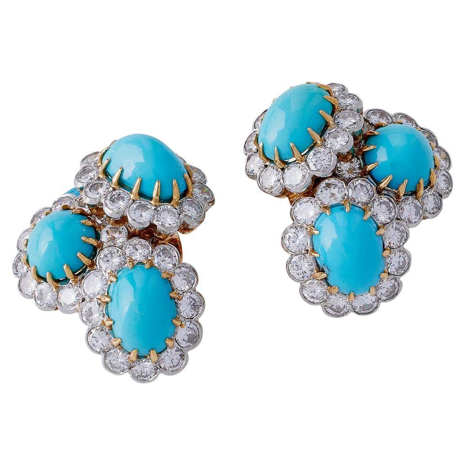 Van Cleef and Arpels Two Butterfly Turquoise and Diamond Gold Earrings ...