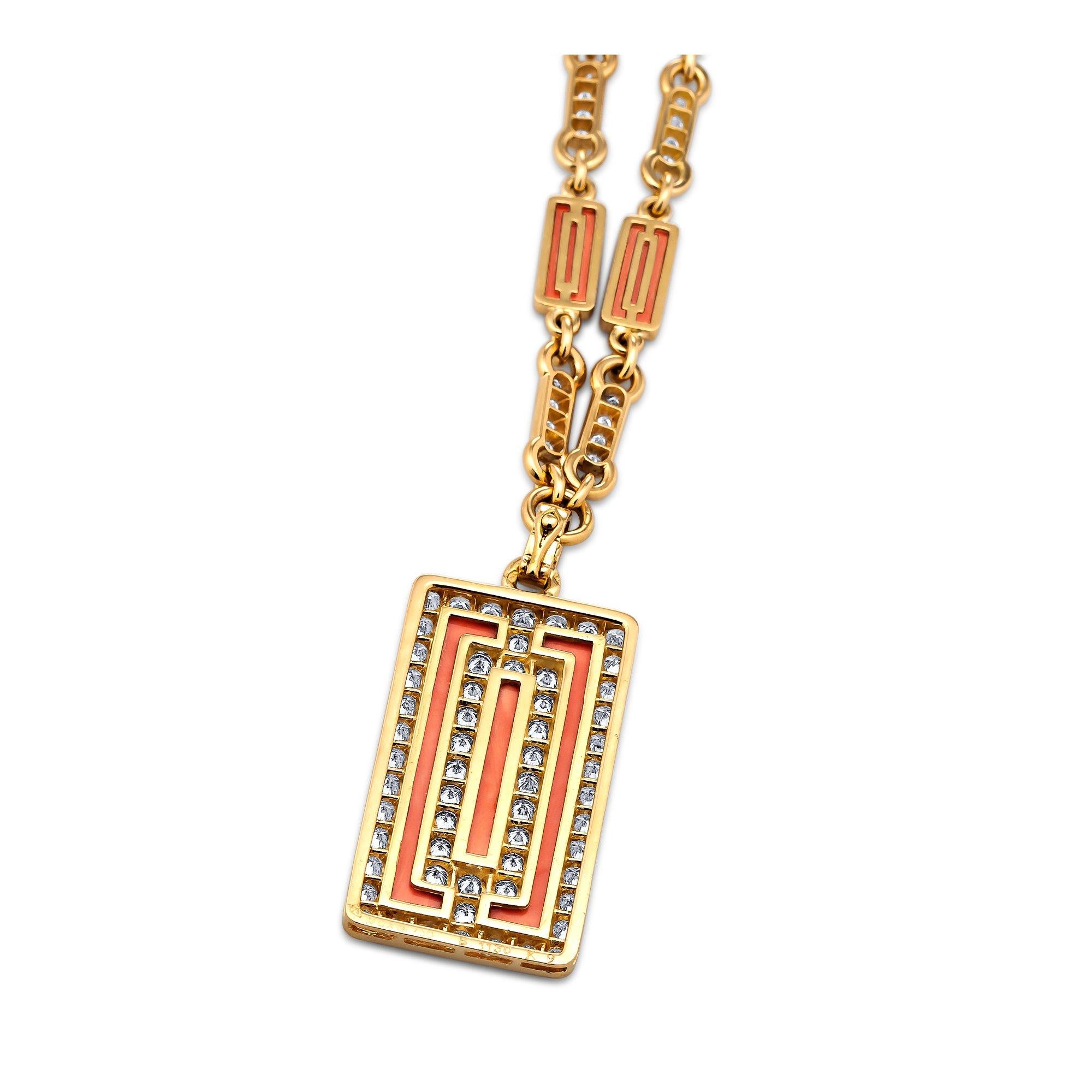 Contemporary Van Cleef & Arpels Paris Vintage Diamond Coral Gold Pendant Necklace