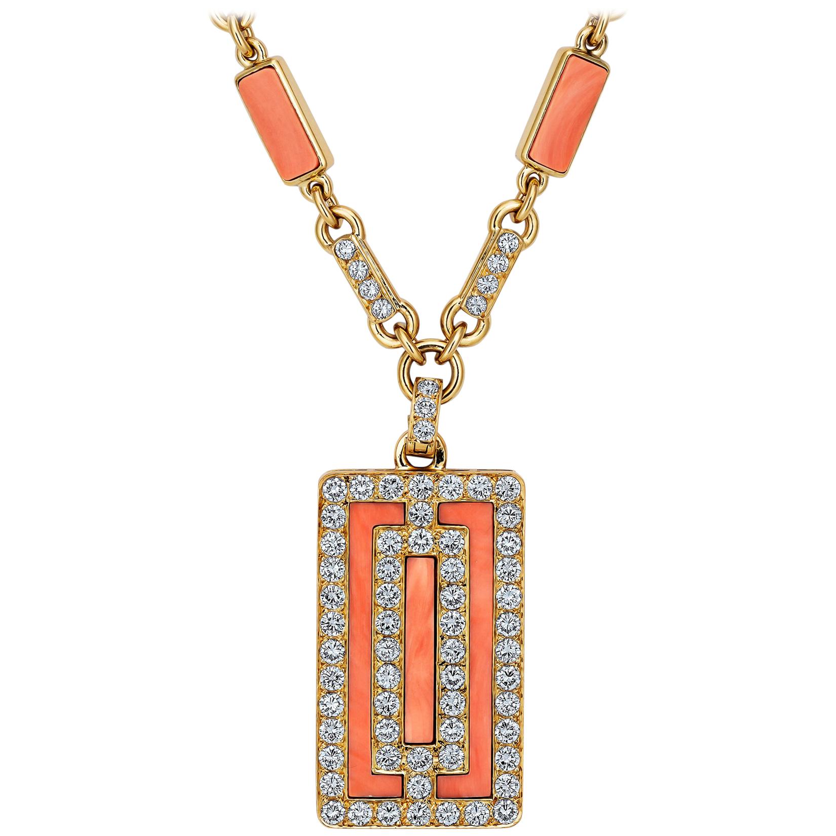 Van Cleef & Arpels Paris Vintage Diamond Coral Gold Pendant Necklace