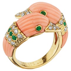 Van Cleef & Arpels Paris Vintage Diamond Emerald Coral Gold Toi Et Moi Ring