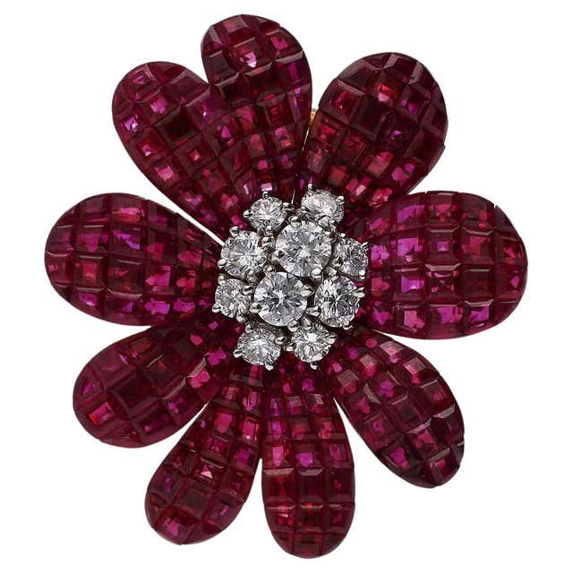 Van Cleef and Arpels Invisible-set Ruby and Diamond Flower Brooch For ...