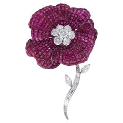 Van Cleef & Arpels Paris Vintage Invisibly Set Ruby Diamond 'Poppy' Brooch 
