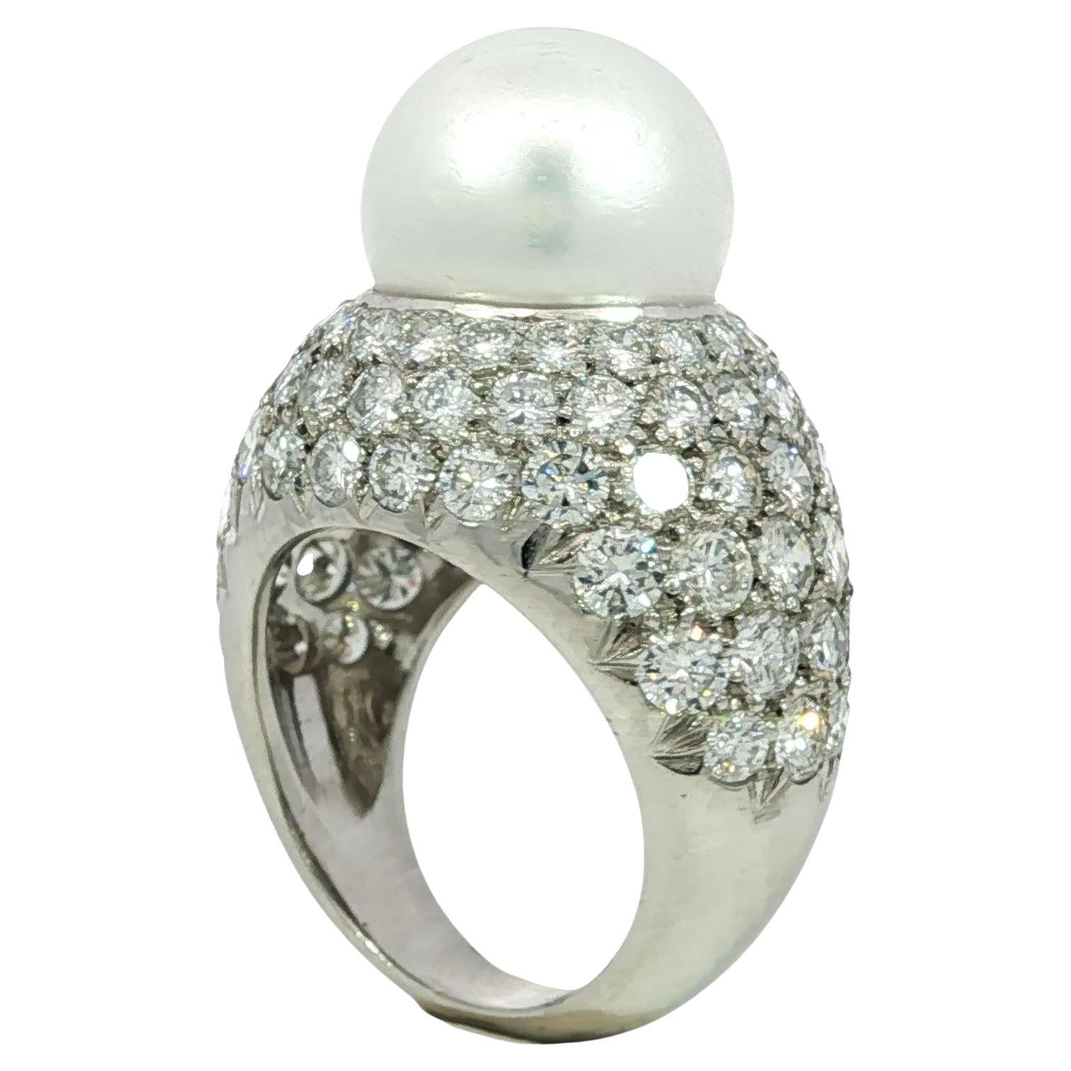 Van Cleef & Arpels Bague dôme perle diamant pavé ~5ctw diamant ~13.8mm perle