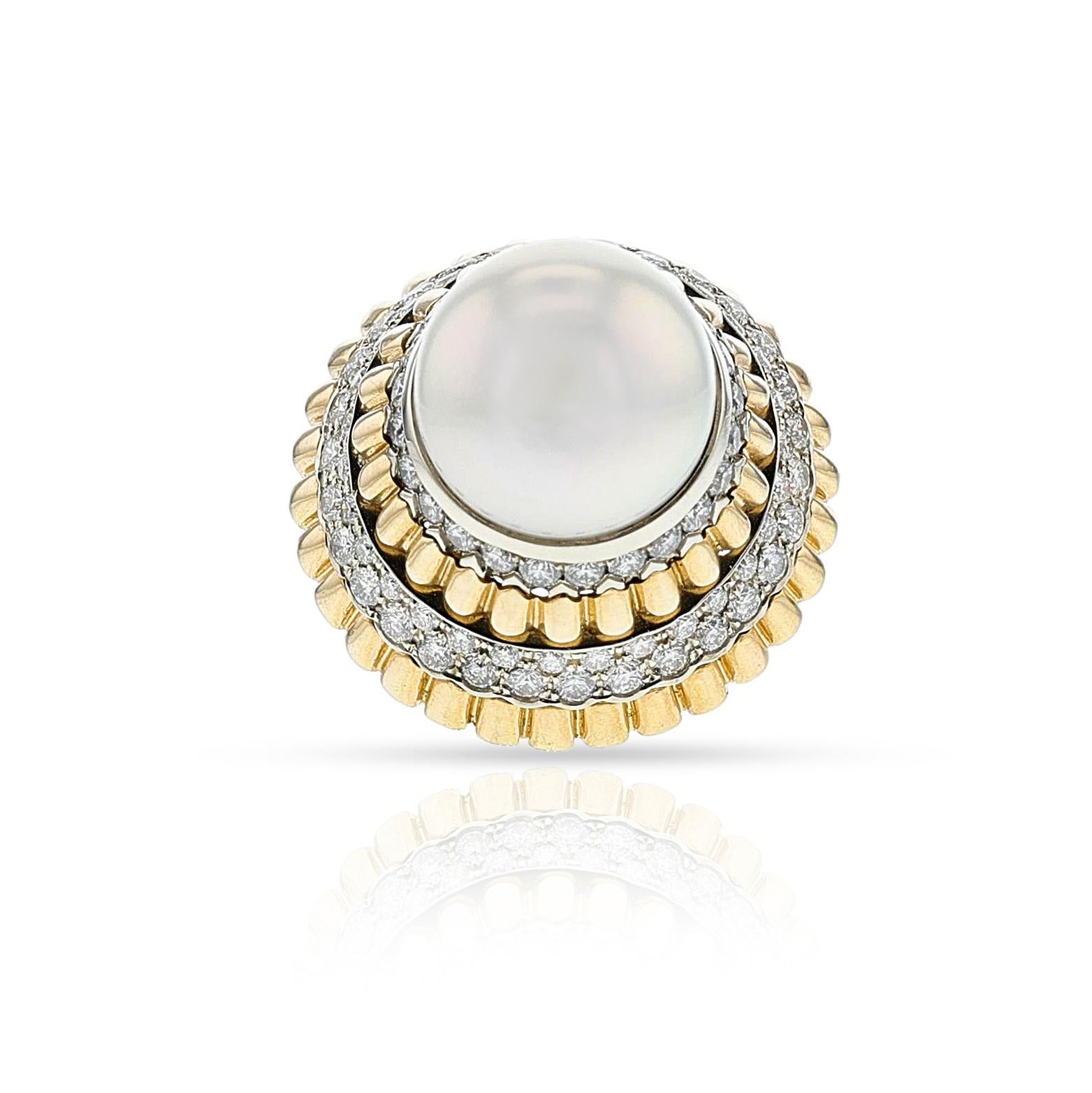 Round Cut Van Cleef & Arpels Pearl and Diamond Ballerina Ring, 18k For Sale
