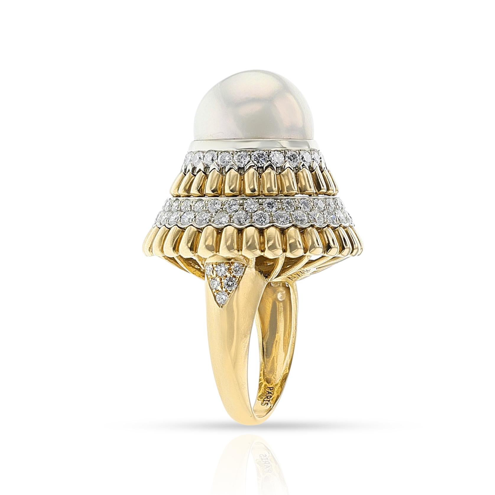 Women's or Men's Van Cleef & Arpels Pearl and Diamond Ballerina Ring, 18k For Sale
