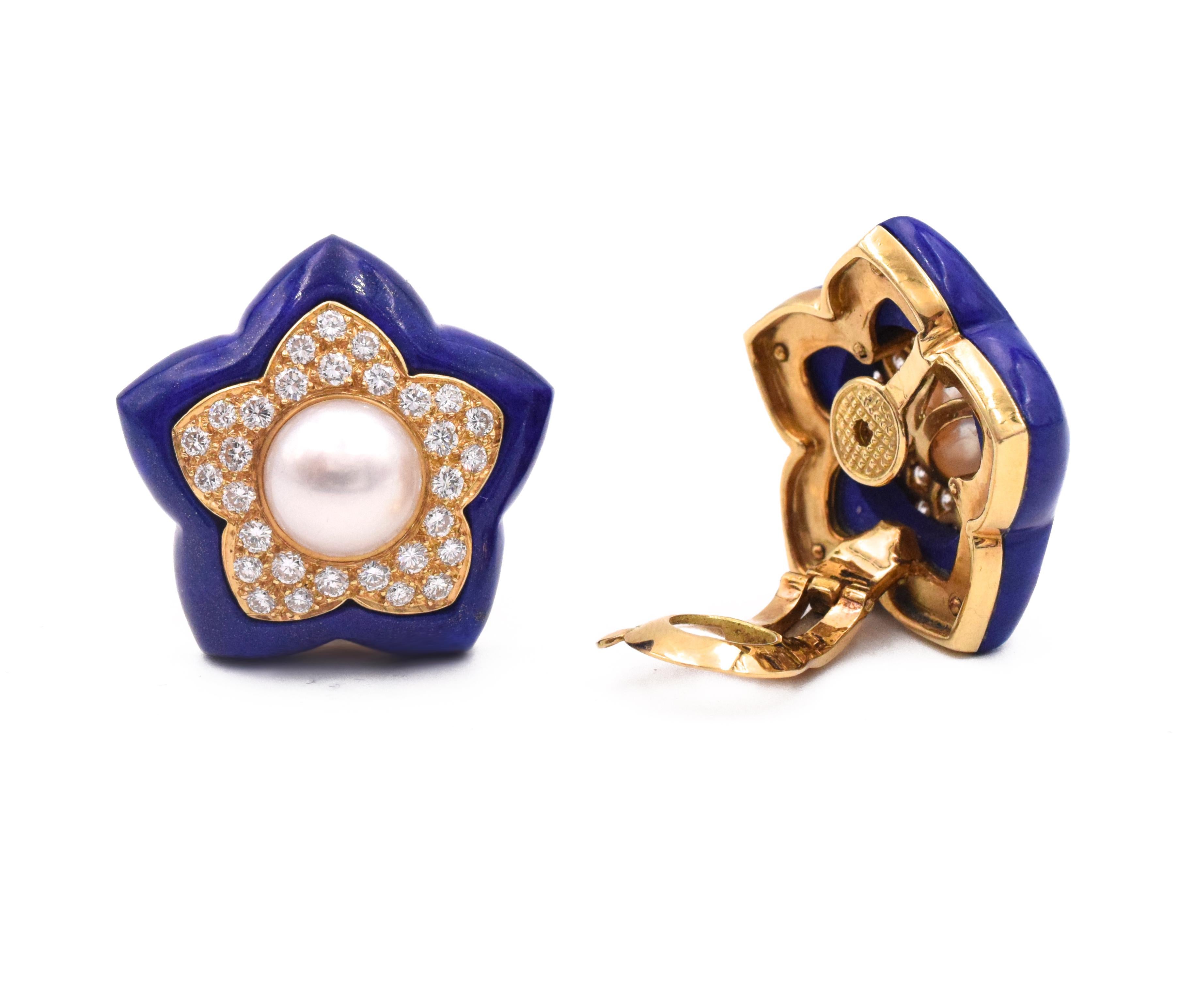 Round Cut Van Cleef & Arpels Pearl Lapis Lazuli Diamond Star Earrings
