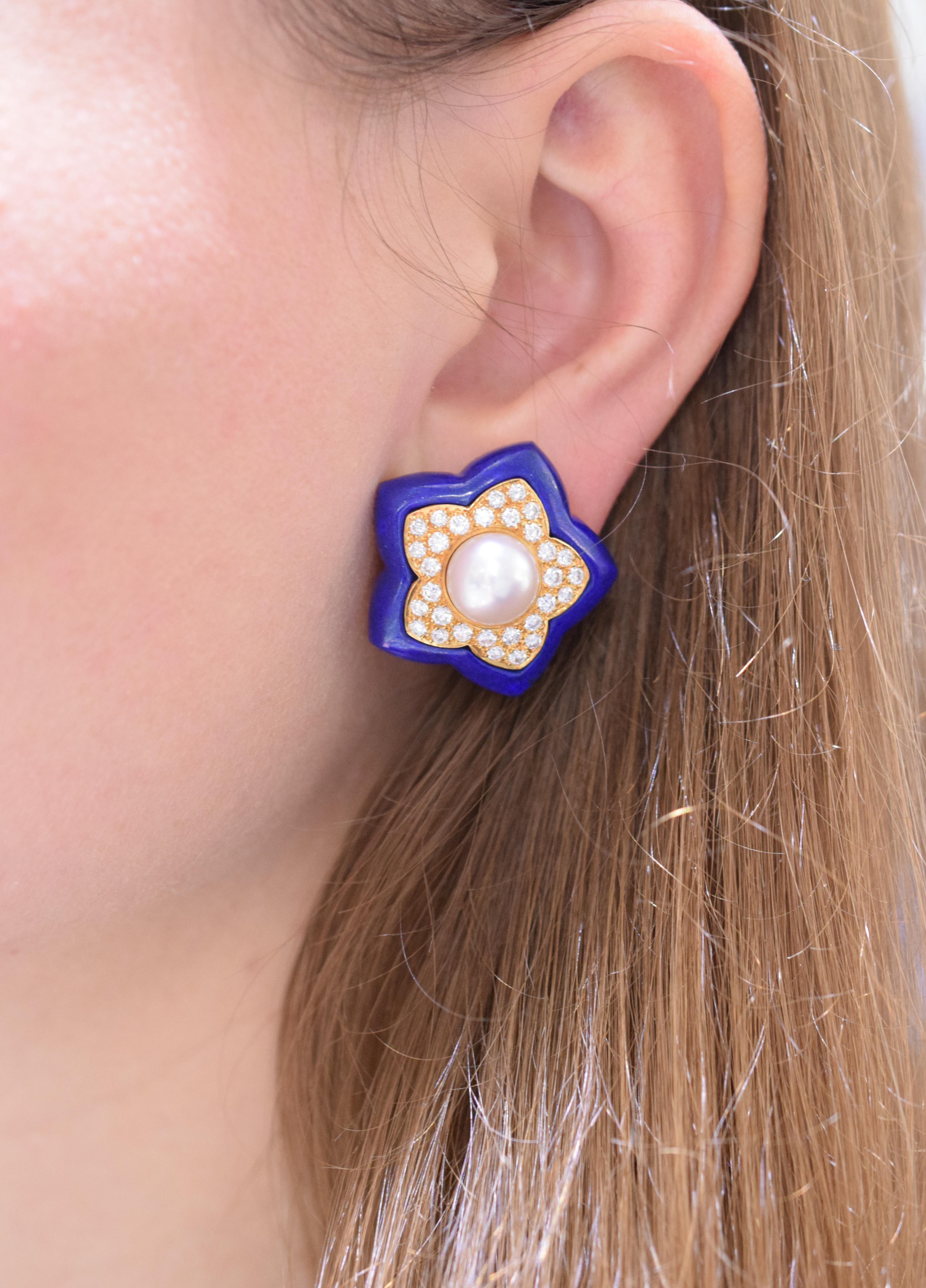 Van Cleef & Arpels Pearl Lapis Lazuli Diamond Star Earrings 1