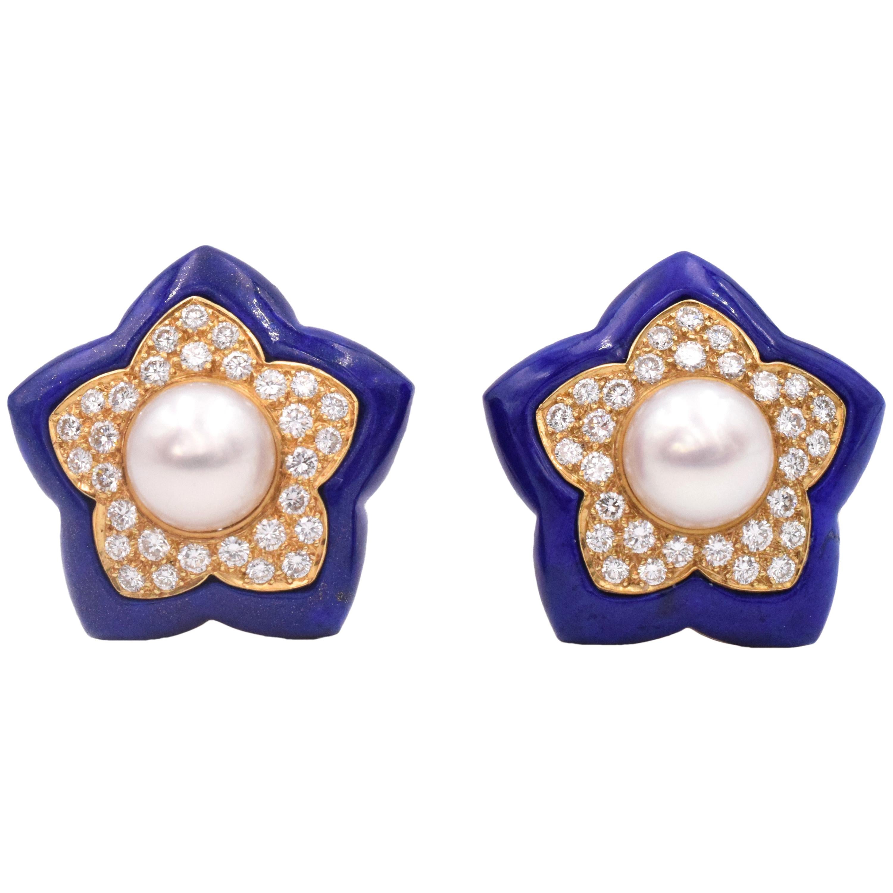Van Cleef & Arpels Pearl Lapis Lazuli Diamond Star Earrings