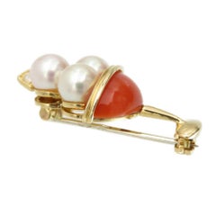 Van Cleef & Arpels Pearl Diamond Red Brooch in 18K Yellow Gold