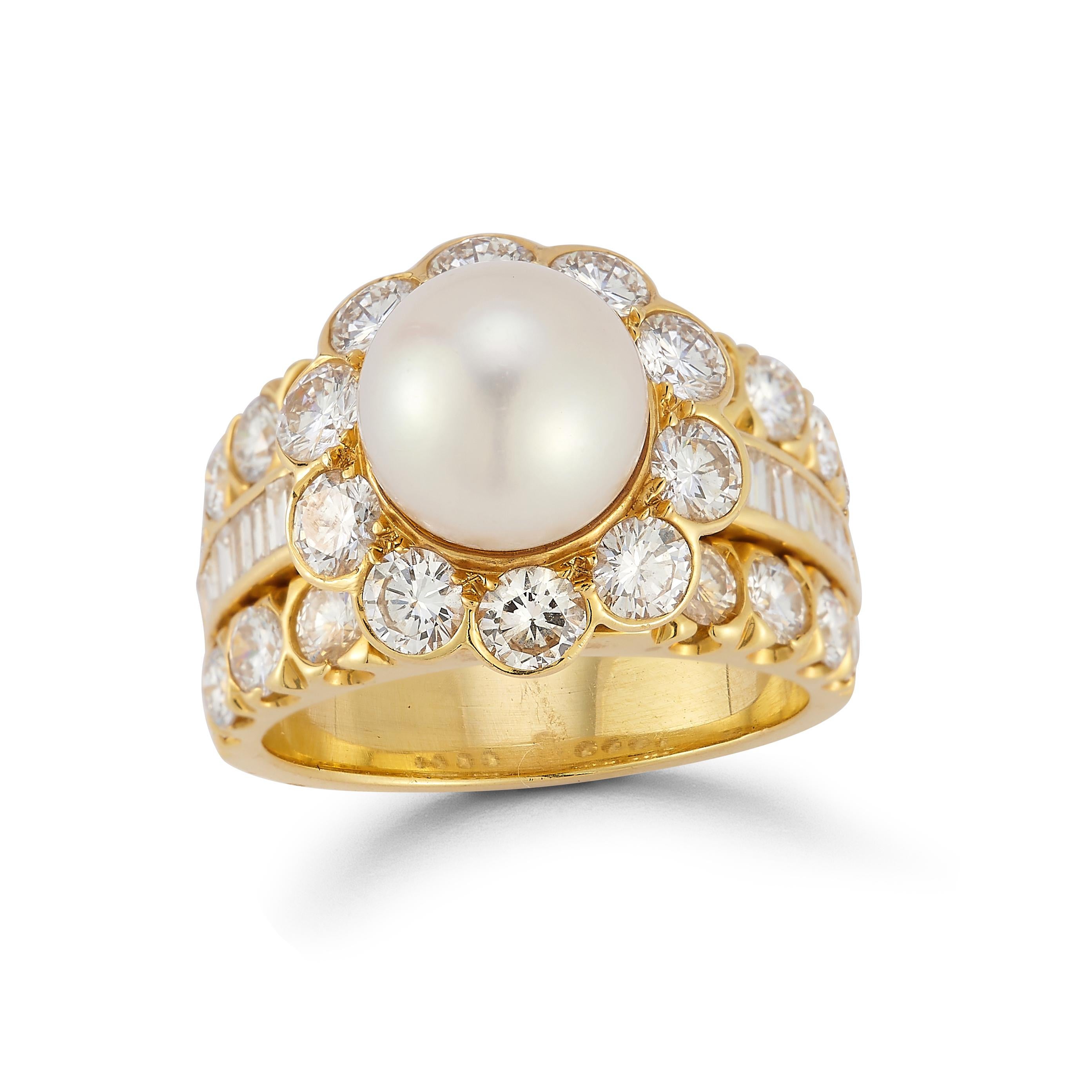 Van Cleef & Arpels Pearl & Diamond Ring. 

Featuring a center pearl encircled by round-cut diamonds set with a line of baguette-cut diamonds bordered by two rows of round-cut diamonds.

Ring Size: 6.25

Resizable free of charge 

Signed, VCA, 18k,