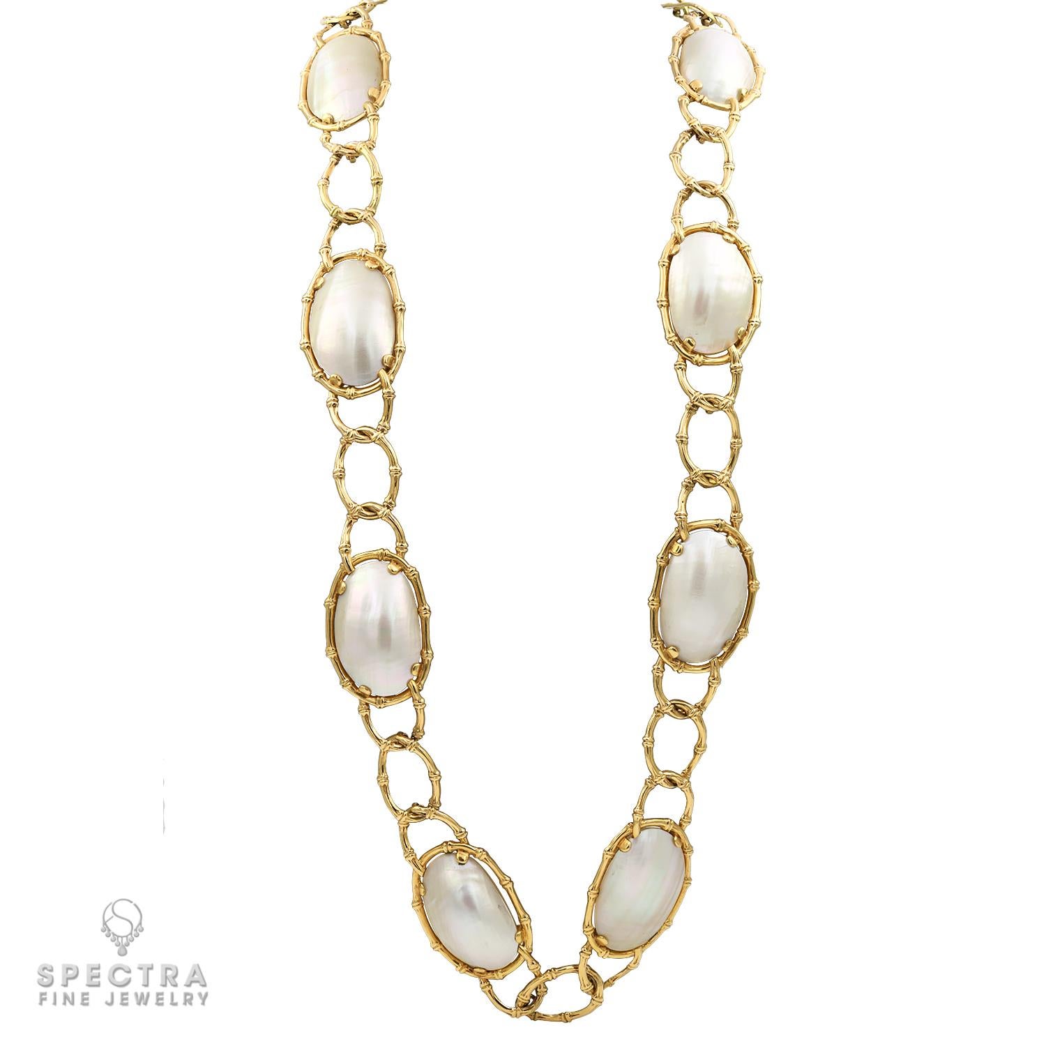 This exceptional vintage necklace by Van Cleef & Arpels, created in 1973, is a rare and elegant piece that beautifully reflects the Maison’s timeless artistry. 
Crafted in rich 18k yellow gold, the design features 8 luminous oval sliced pearls, each