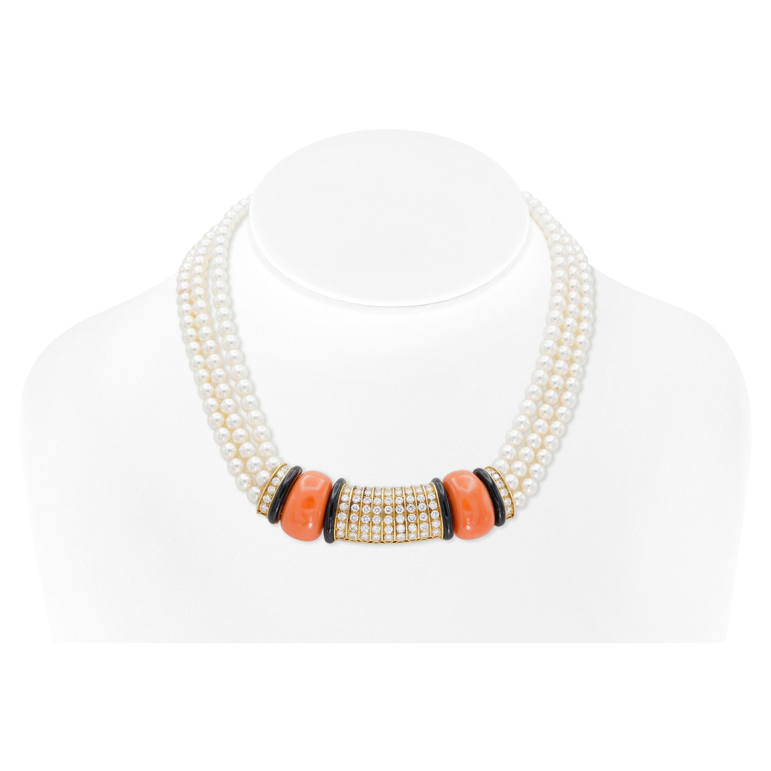 Van Cleef & Arpels Pearl Necklace with Coral Onyx and Diamonds For Sale