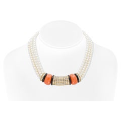 Van Cleef & Arpels Pearl Necklace with Coral Onyx and Diamonds