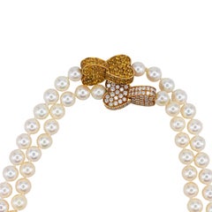 Van Cleef & Arpels Pearl Strand Necklace Yellow Sapphire & Diamond Double Heart