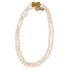 Van Cleef & Arpels Pearl Strand Necklace Yellow Sapphire & Diamond Double Heart