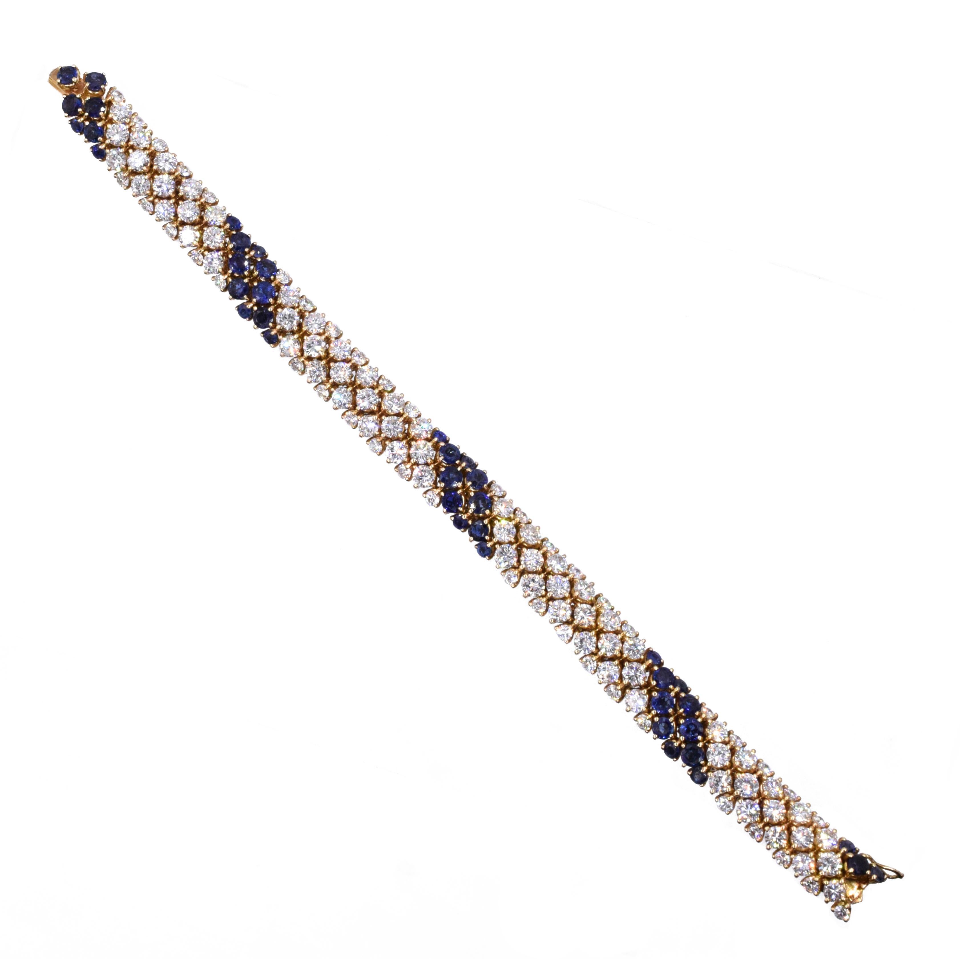 Diamond and Sapphire 'Pelouse' Bracelet by Van Cleef & Arpels. 
The bracelet has circular- cut sapphires & circular- cut diamonds approximately 15 carats all set in 18k yellow gold, 
Length: 7.5 inches 
Signed VCA, Made in France, Serial No. xxxx,