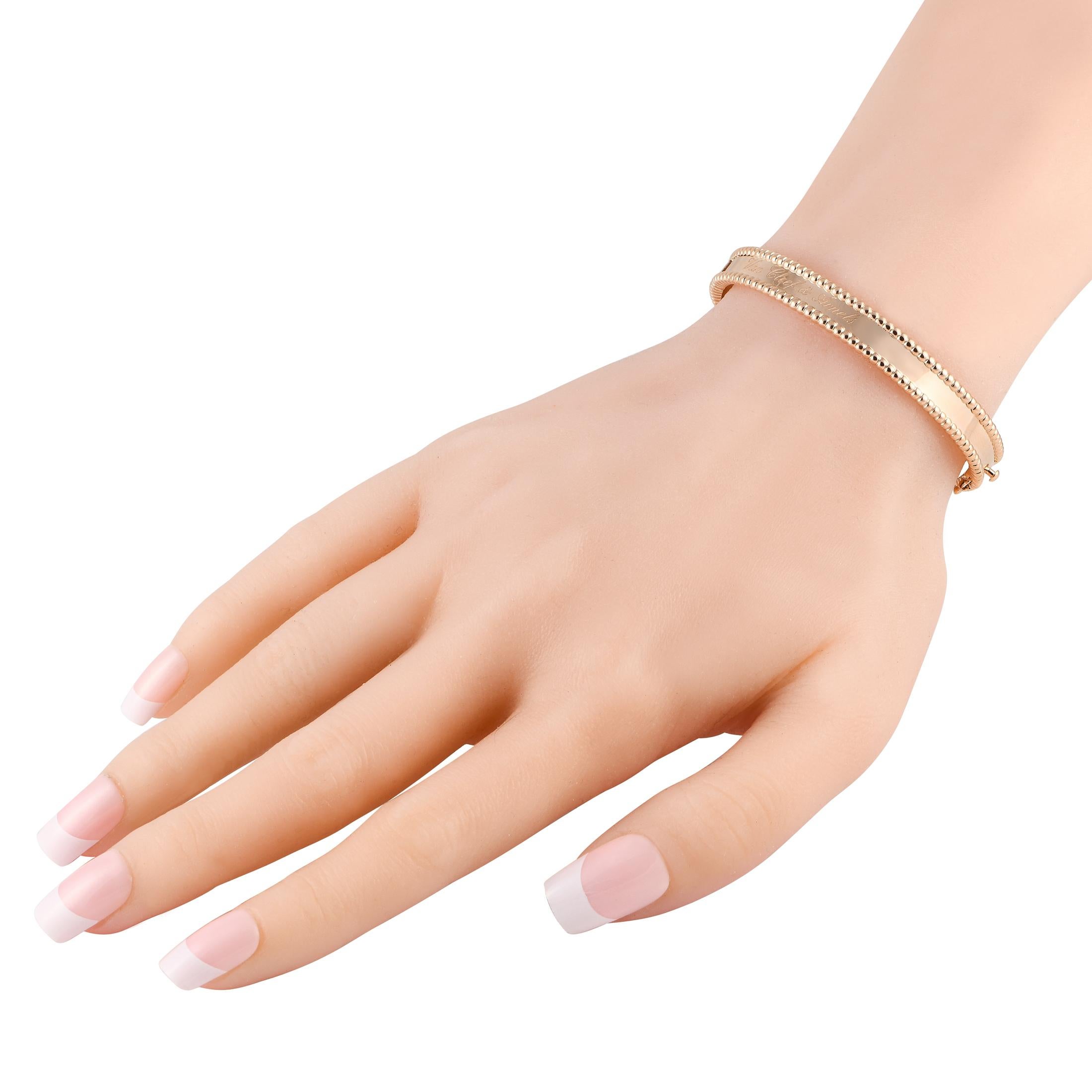 Sleek, sophisticated, and incredibly elegant, this 18K Rose Gold Van Cleef & Arpels Perlee bangle bracelet will put the perfect finishing touch on any ensemble. It measures 6.75 long and features the collections iconic metal beadwork around the
