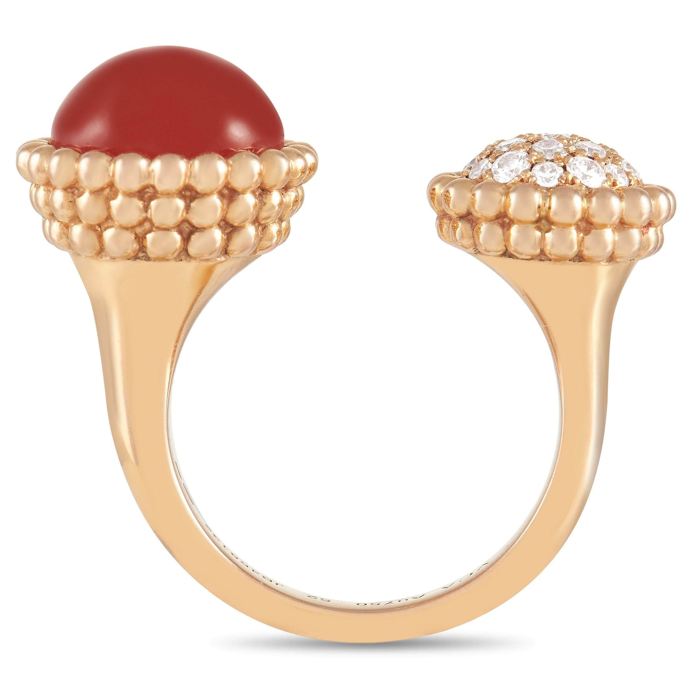This Van Cleef & Arpels Perlee ring features a between-the-finger design – making it ideal for anyone who appreciates jewelry that is equal parts luxurious and unique. At one end of this dynamic piece, you’ll find a coral colored Carnelian cabochon.