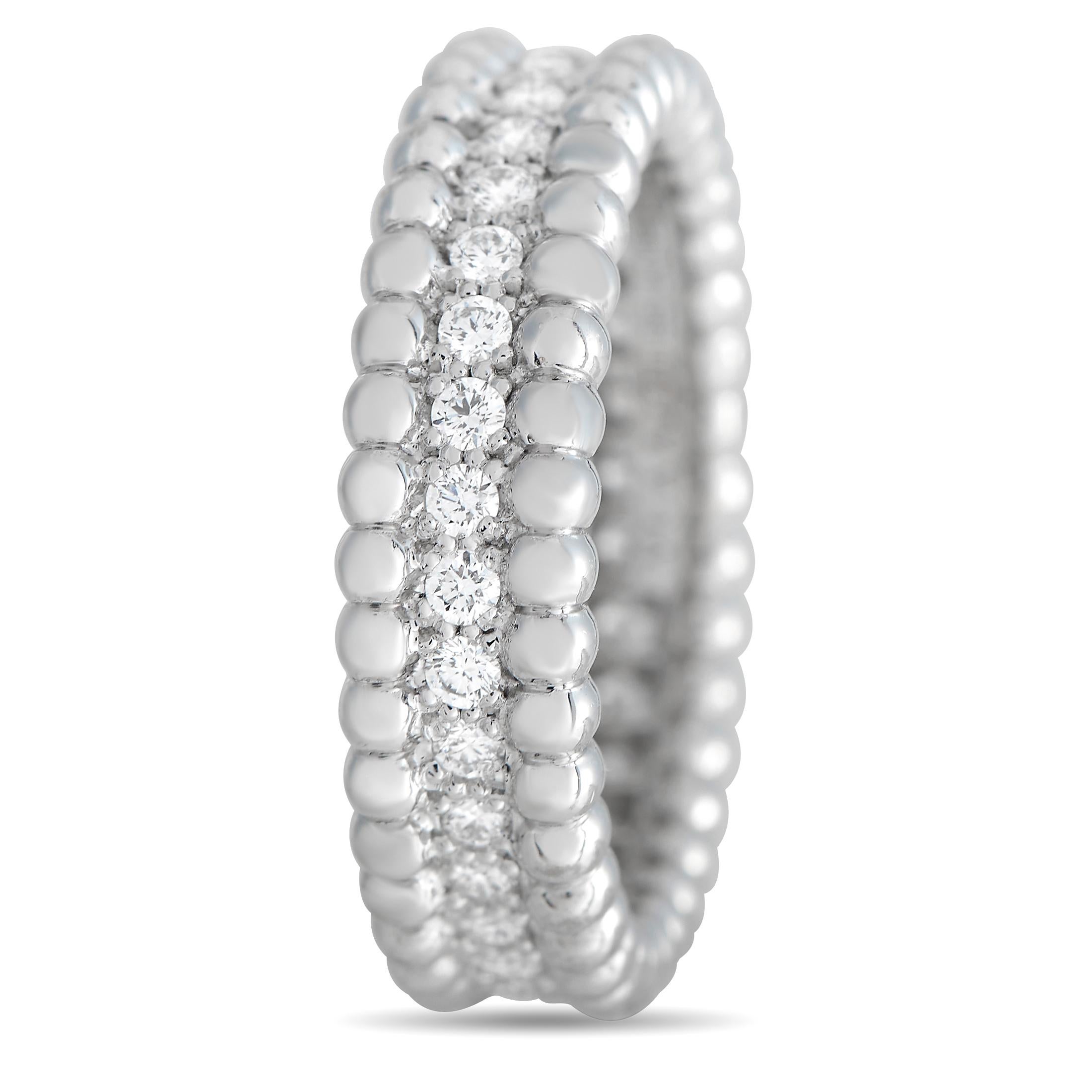 Delicate 18K White Gold beads surround a series of diamonds totaling 0.55 carats on this classic, sophisticated Van Cleef & Arpels Perlee band ring. Measuring 5mm wide, it features a simple silhouette that will never go out of style. 

This jewelry