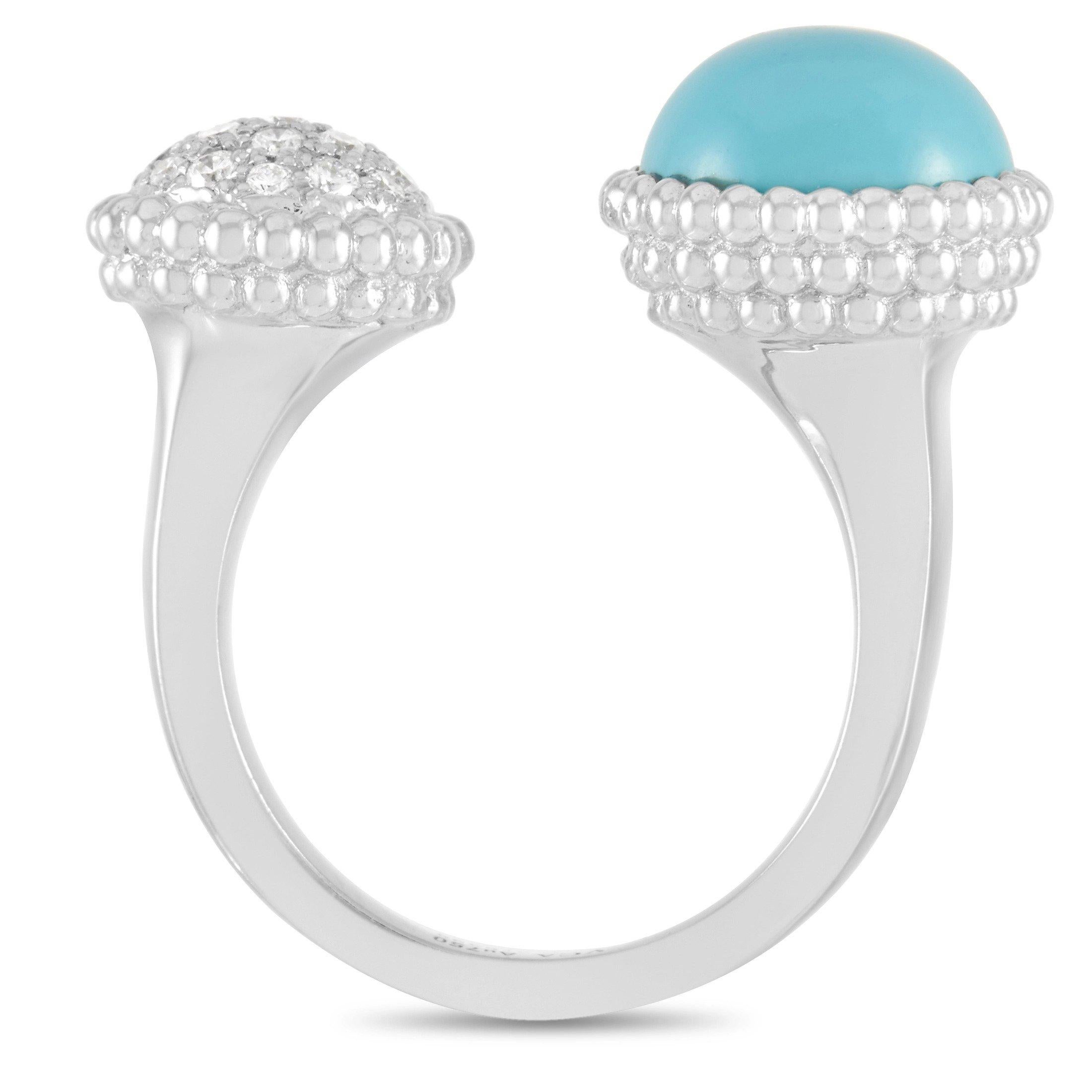 A major hand statement. The VCA Perlée 18K White Gold Diamond and Turquoise Statement Ring is an elegant and playful piece of jewelry that will take your accessorizing game to the next level. It features a 4mm open shank with one end topped with a