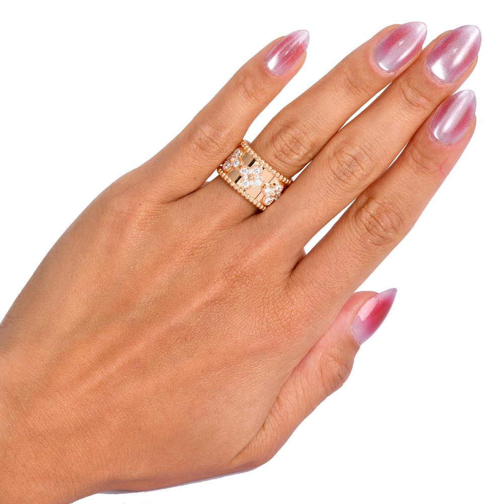 Rose Cut Van Cleef & Arpels Perlée Clover Diamond 18K Rose Eternity Ring For Sale
