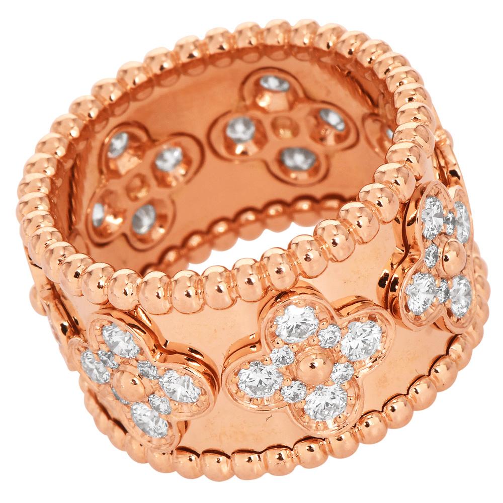 Women's Van Cleef & Arpels Perlée Clover Diamond 18K Rose Eternity Ring For Sale
