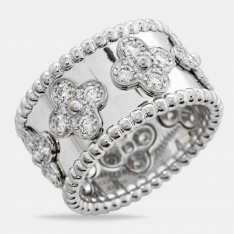 Van Cleef & Arpels Perlée Trébol Diamante Oro Blanco 18k Anillo Modelo Grande 56 en venta 1