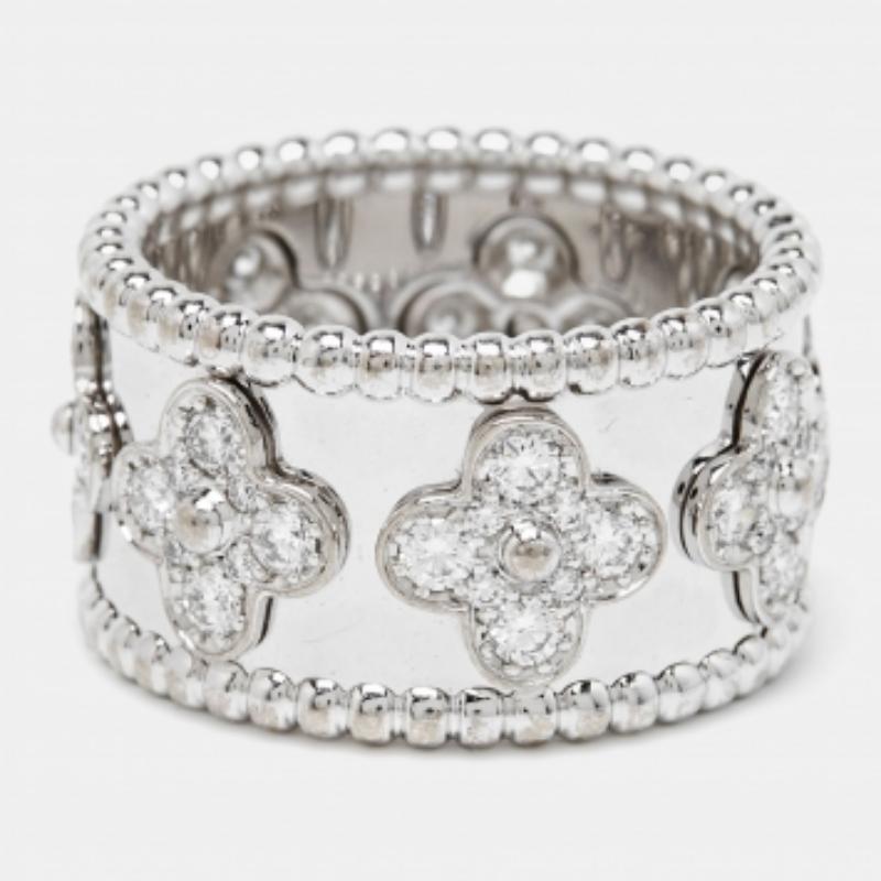 Van Cleef & Arpels Perlée Trébol Diamante Oro Blanco 18k Anillo Modelo Grande 56 en venta 3