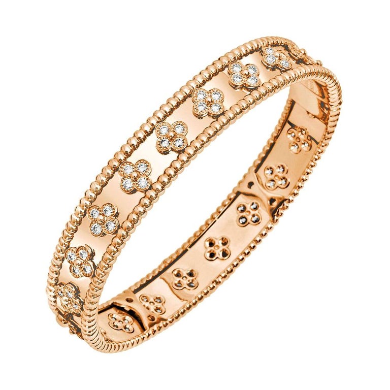 Van Cleef and Arpels Perlée Clovers Bracelet, Medium Model Pink Gold,  Diamond For Sale at 1stDibs