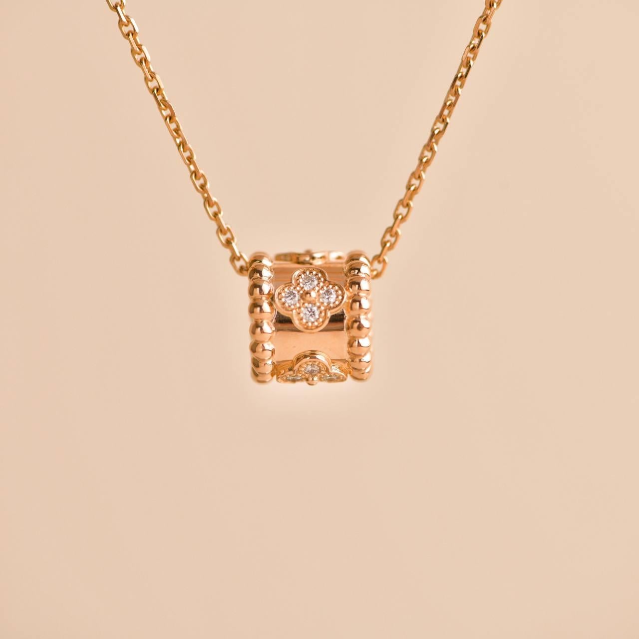 Van Cleef & Arpels Perlée Clovers Diamond 18K Rose Gold Pendant Necklace For Sale 5