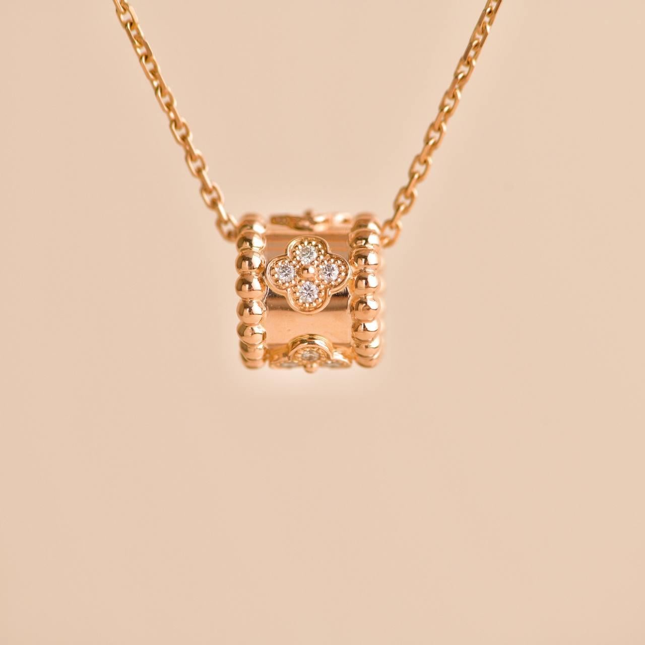 Van Cleef & Arpels Perlée Clovers Diamond 18K Rose Gold Pendant Necklace For Sale 4