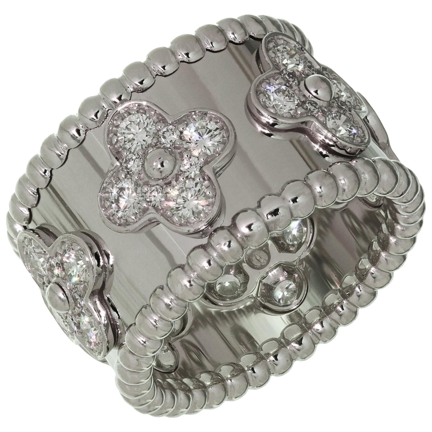 Van Cleef & Arpels Perlée Clovers Large Diamond White Gold Band Ring. Sz. 50 For Sale
