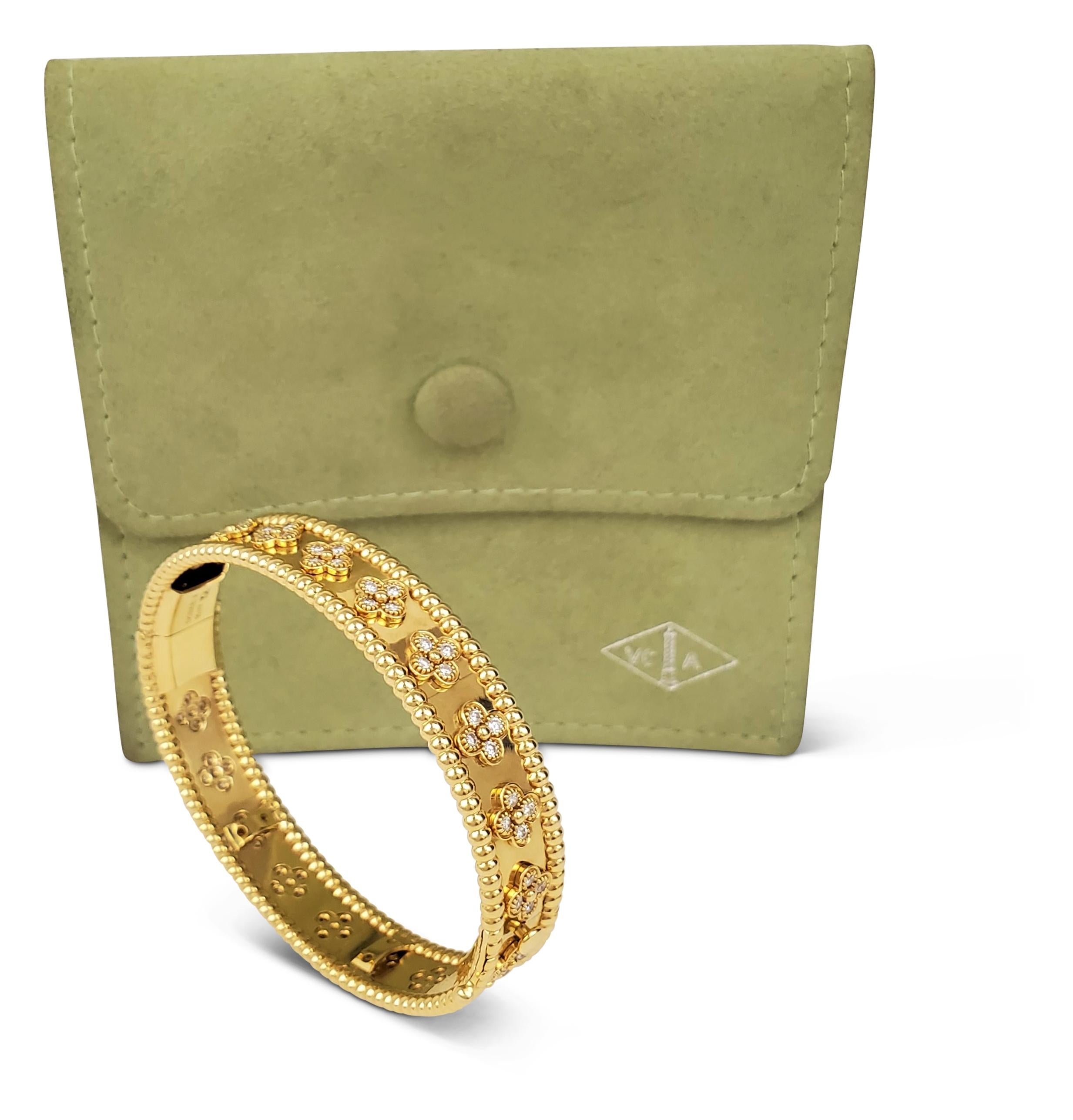 Van Cleef & Arpels Perlée Clovers Gold and Diamond Bangle In Excellent Condition In New York, NY