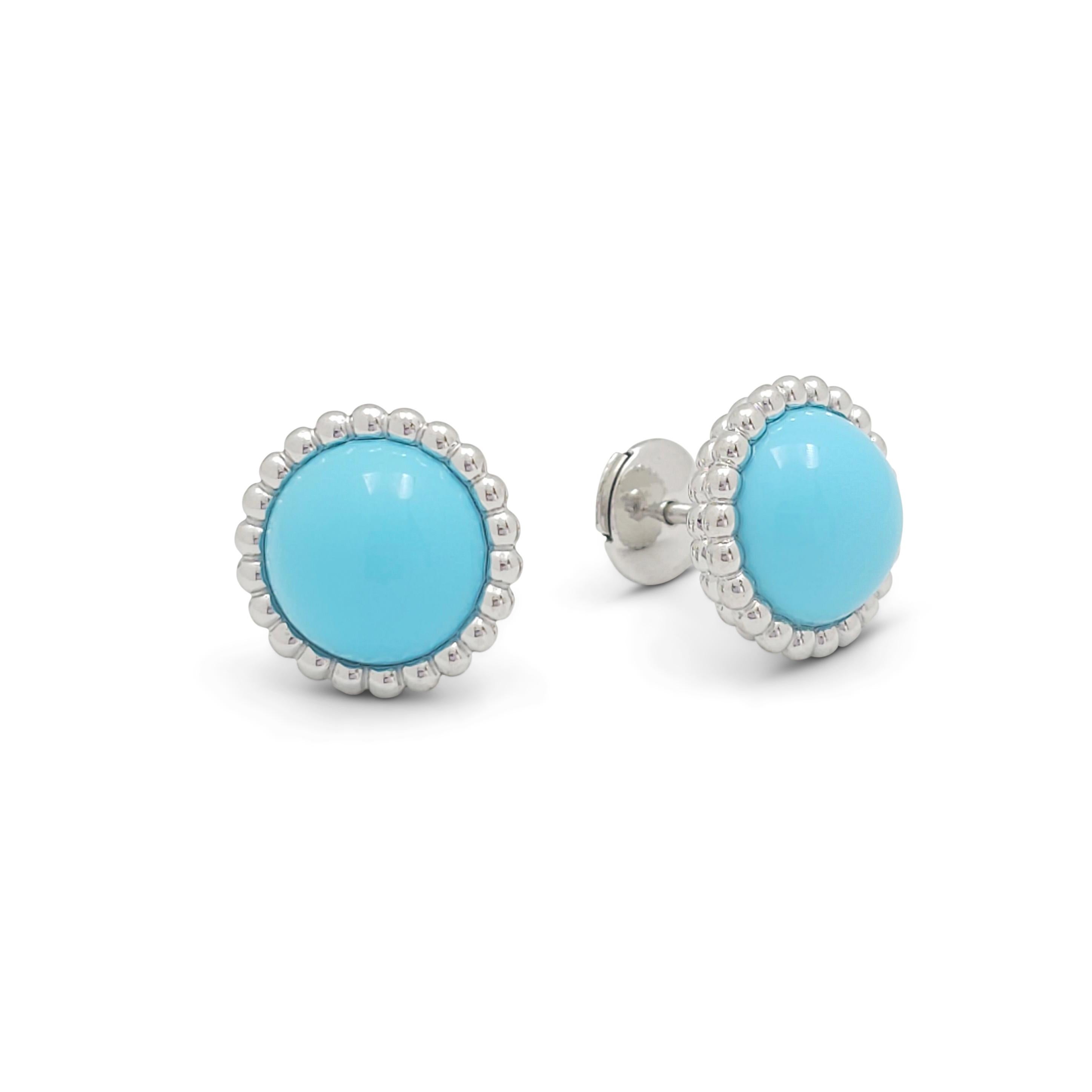Authentic Van Cleef & Arpels Perlée Couleurs earrings crafted in 18 karat white gold.  Each earring features a cabochon turquoise stone surrounded by the brand's iconic perlée beads.  The earrings measure 1/2 inch in with.  Signed VCA, Au 750 with