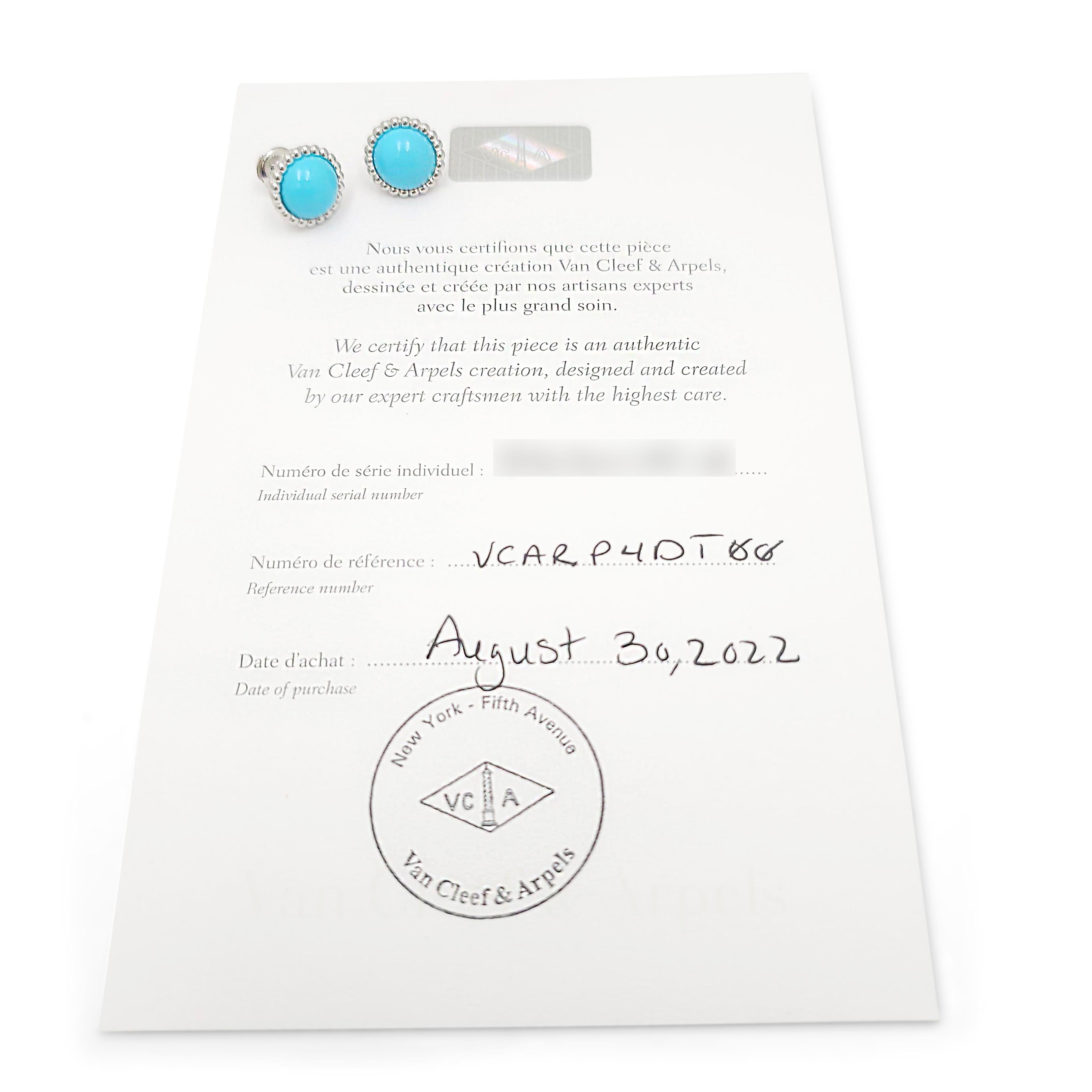 Round Cut Van Cleef & Arpels 'Perlée Couleurs' Turquoise Earrings