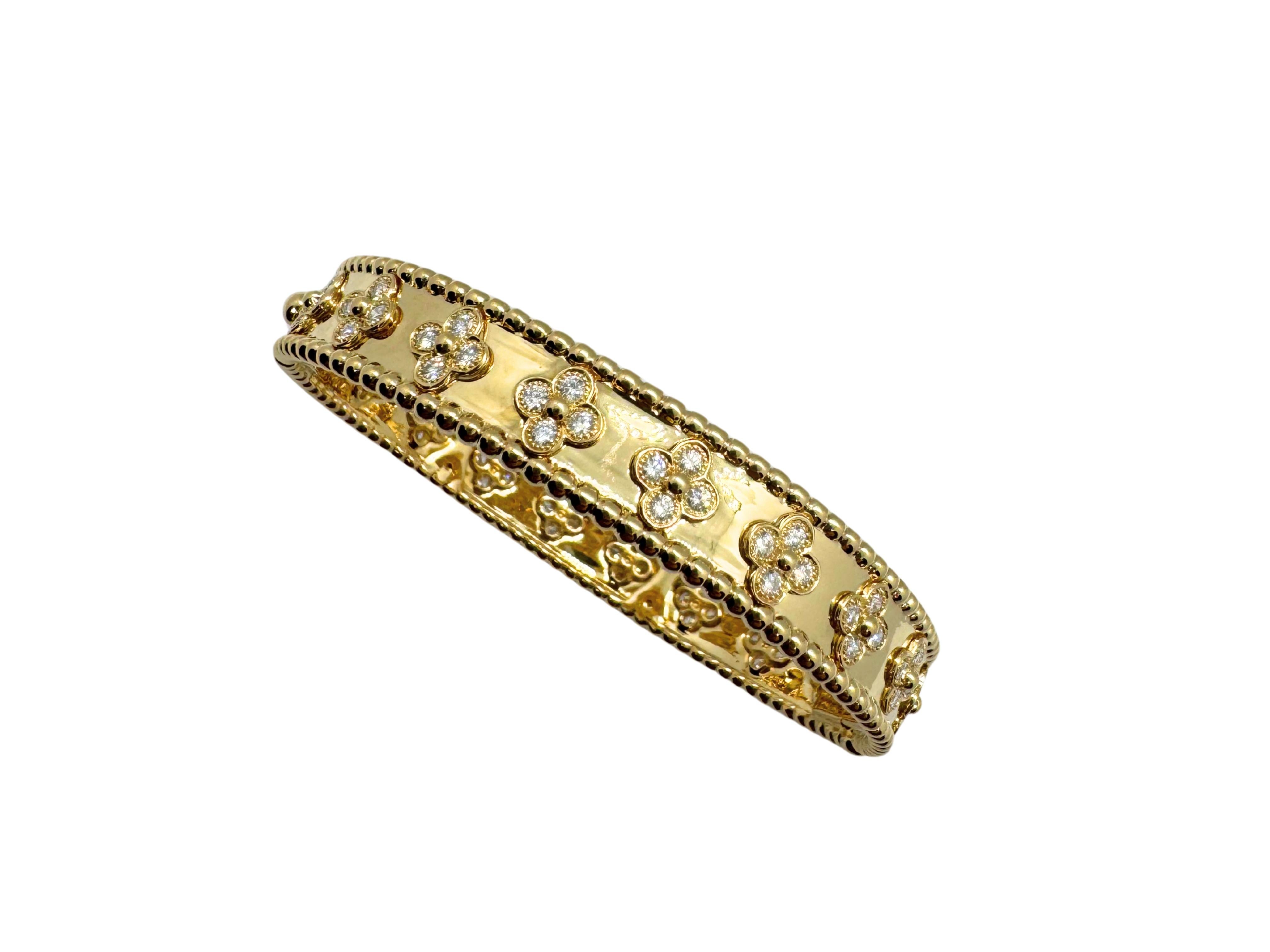 Modern Van Cleef & Arpels Perlée Diamond Clover 18 Karat Yellow Gold Bangle Bracelet For Sale