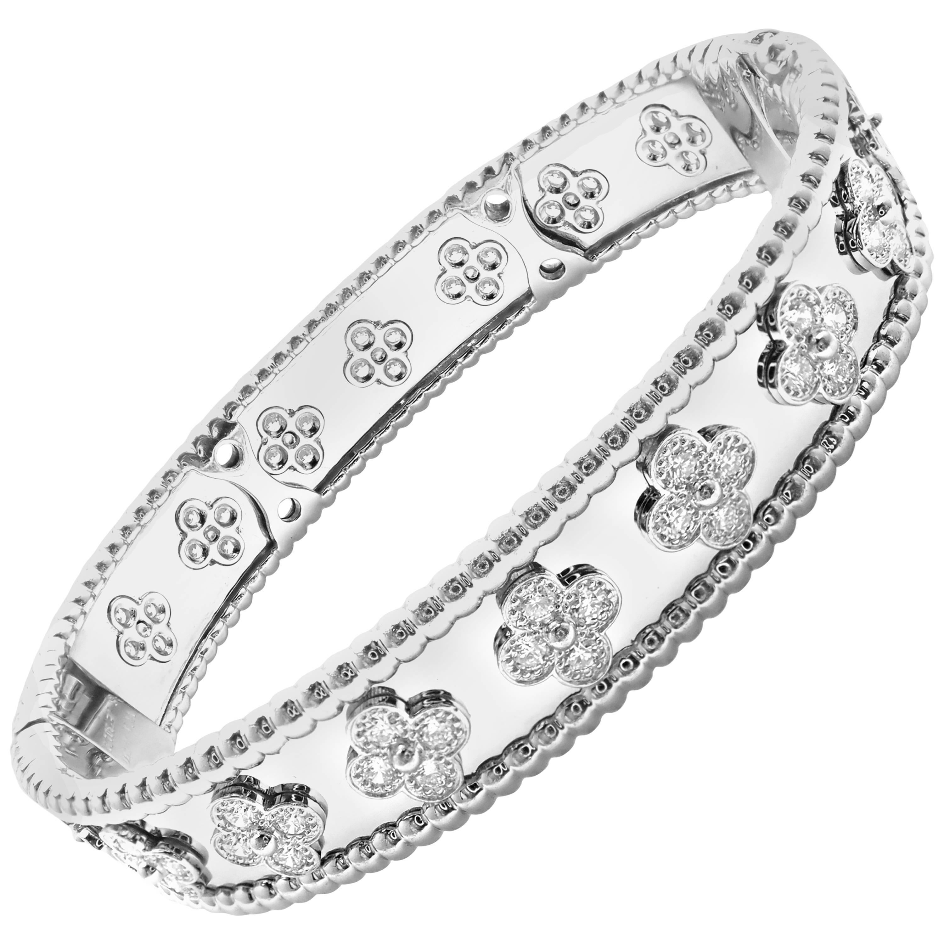 Van Cleef & Arpels Perlée Diamond Clover White Gold Bangle Bracelet