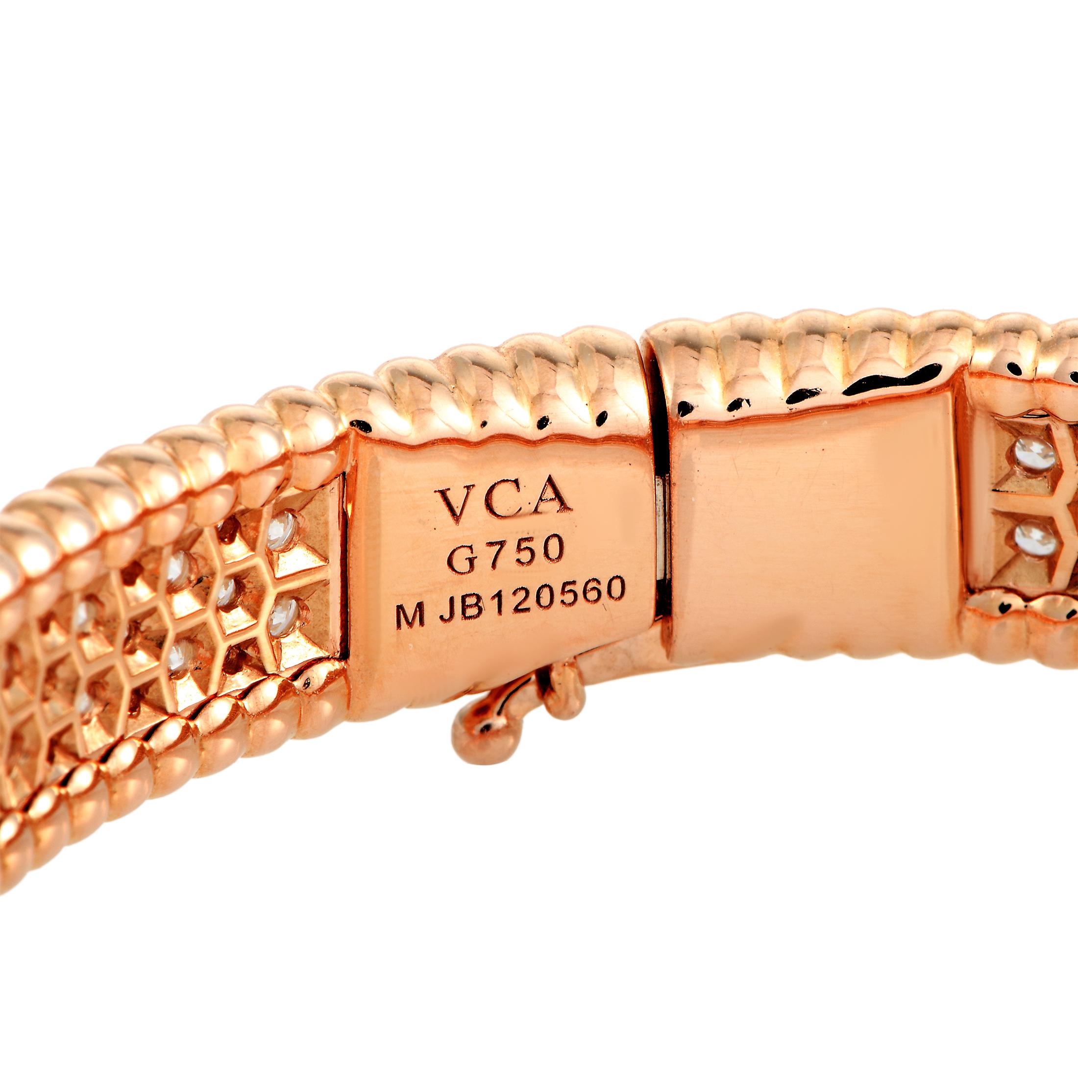 The “Perlée” bracelet by Van Cleef & Arpels is made out of 18K rose gold and diamonds and weighs 37.8 grams. The bracelet measures 7.85” in length, boasting a 2.50” diameter. Size Medium.

This jewelry piece is offered in estate condition and