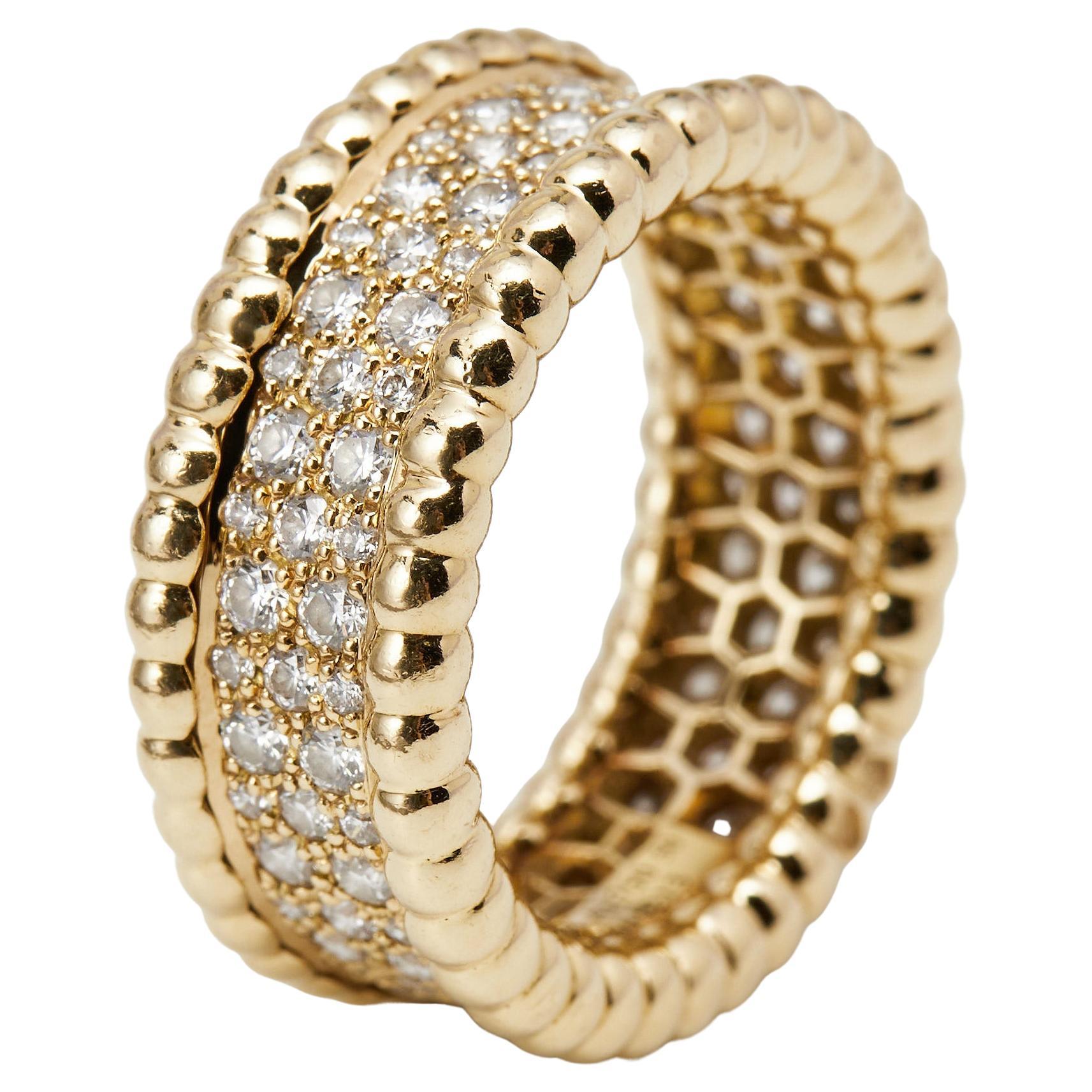 Van Cleef 
Arpels Perlée Diamonds 3 Rows 18k Yellow Gold Ring Size 50