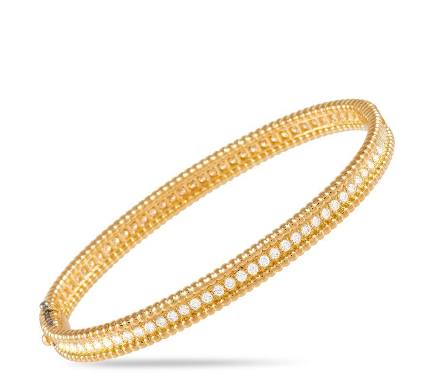 Round Cut Van Cleef & Arpels Perlee Medium Model 18K Yellow Gold 2.16 Ct Diamond Bracelet 