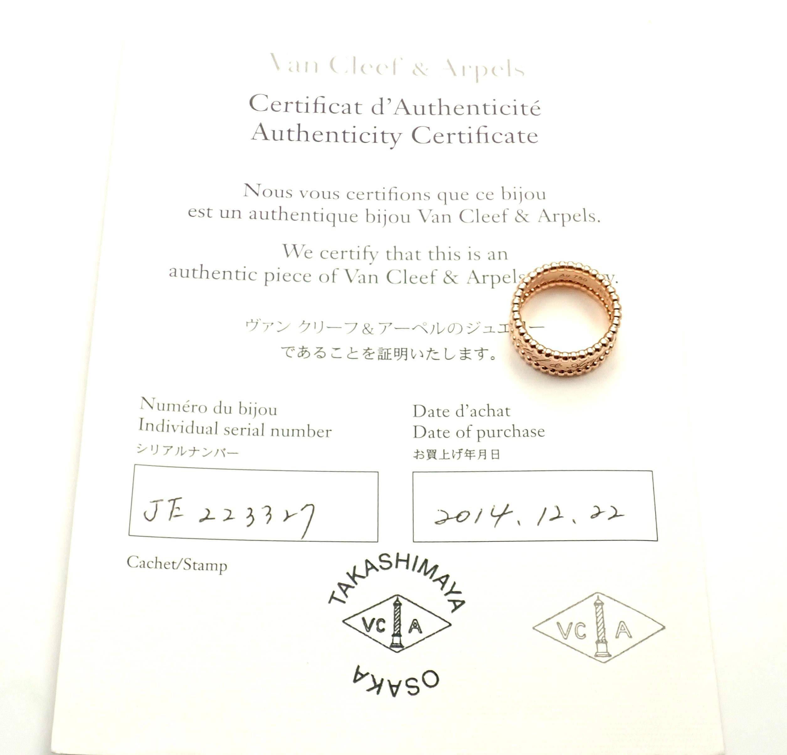 18k Rose Gold Perlee band ring by Van Cleef & Arpels. 
This ring comes with Van Cleef & Arpels certificate and a box.
Details: 
Ring Size: European 51, US 5 3/4
Weight: 7.9 grams
Width: 8mm
Stamped Hallmarks: Van Cleef & Arpels 750 51 JE223327
*Free