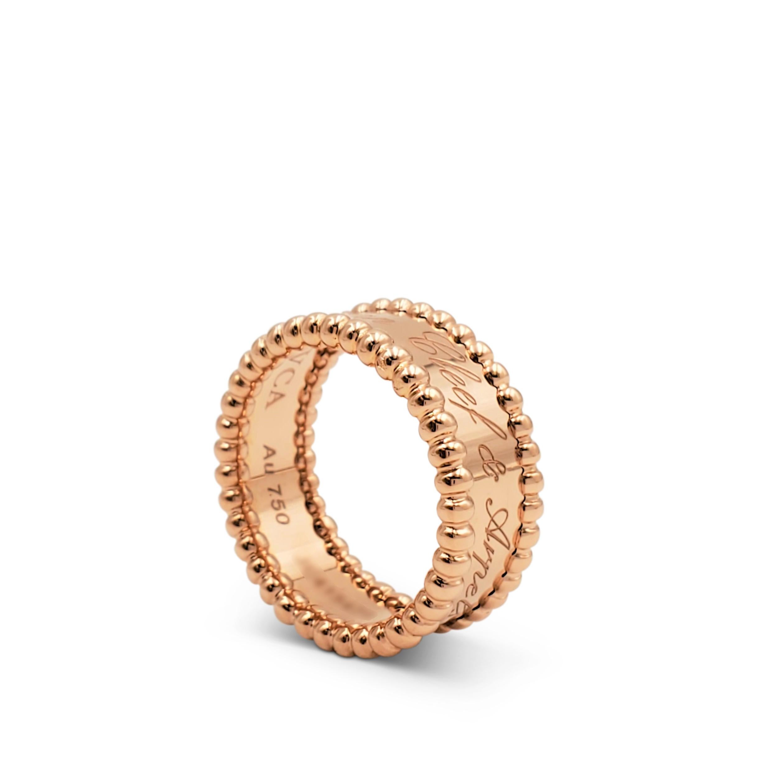 Authentic Van Cleef & Arpels 'Perlée Signature' ring crafted in 18 karat rose gold features the house's logo engraved on the surface in elegant calligraphy. Signed VCA, Au750, 50, with serial number. Size 50 (US size 5 1/4). The ring is not
