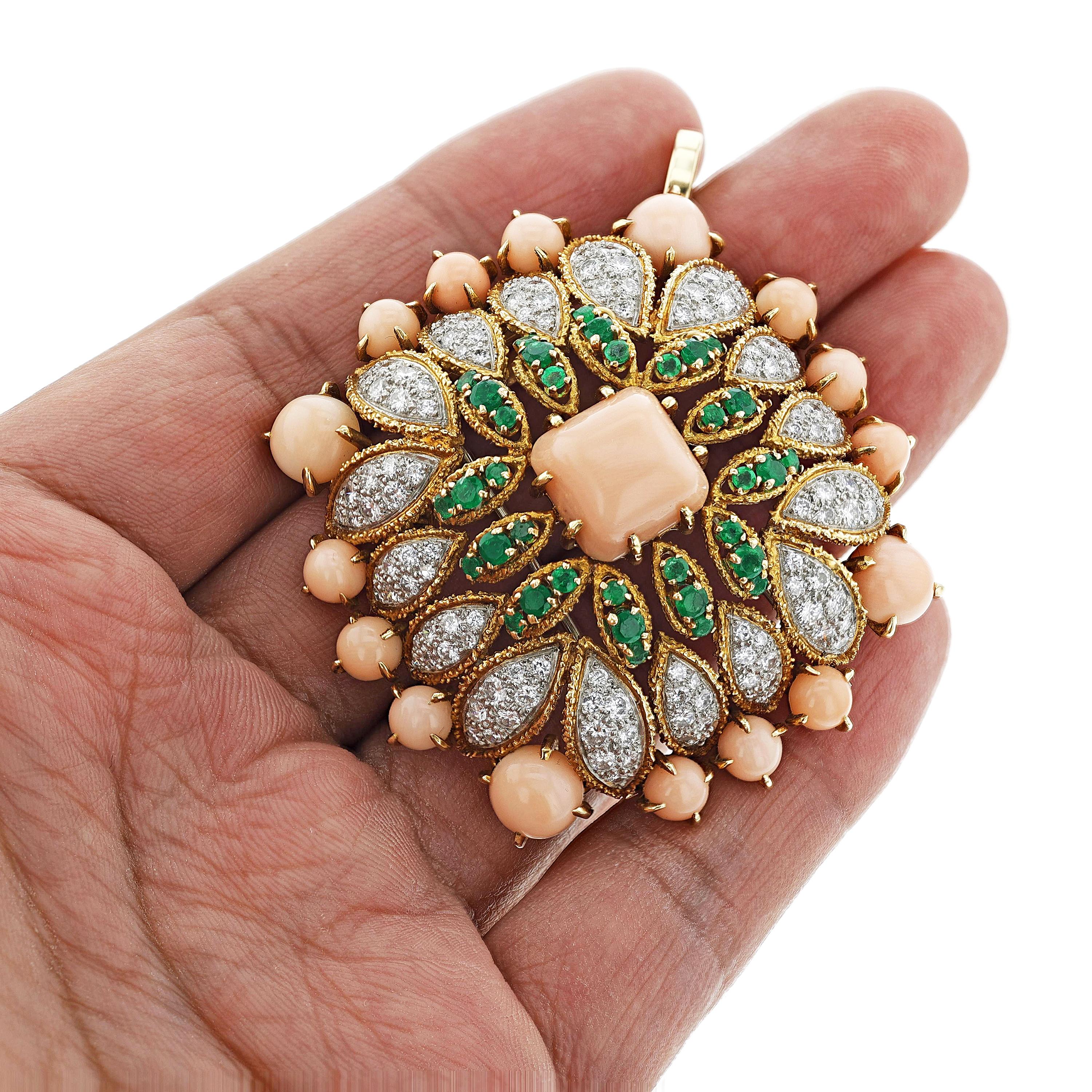 Mixed Cut Van Cleef & Arpels Péry et Fils Coral, Emerald and Diamond Pendant Brooch For Sale