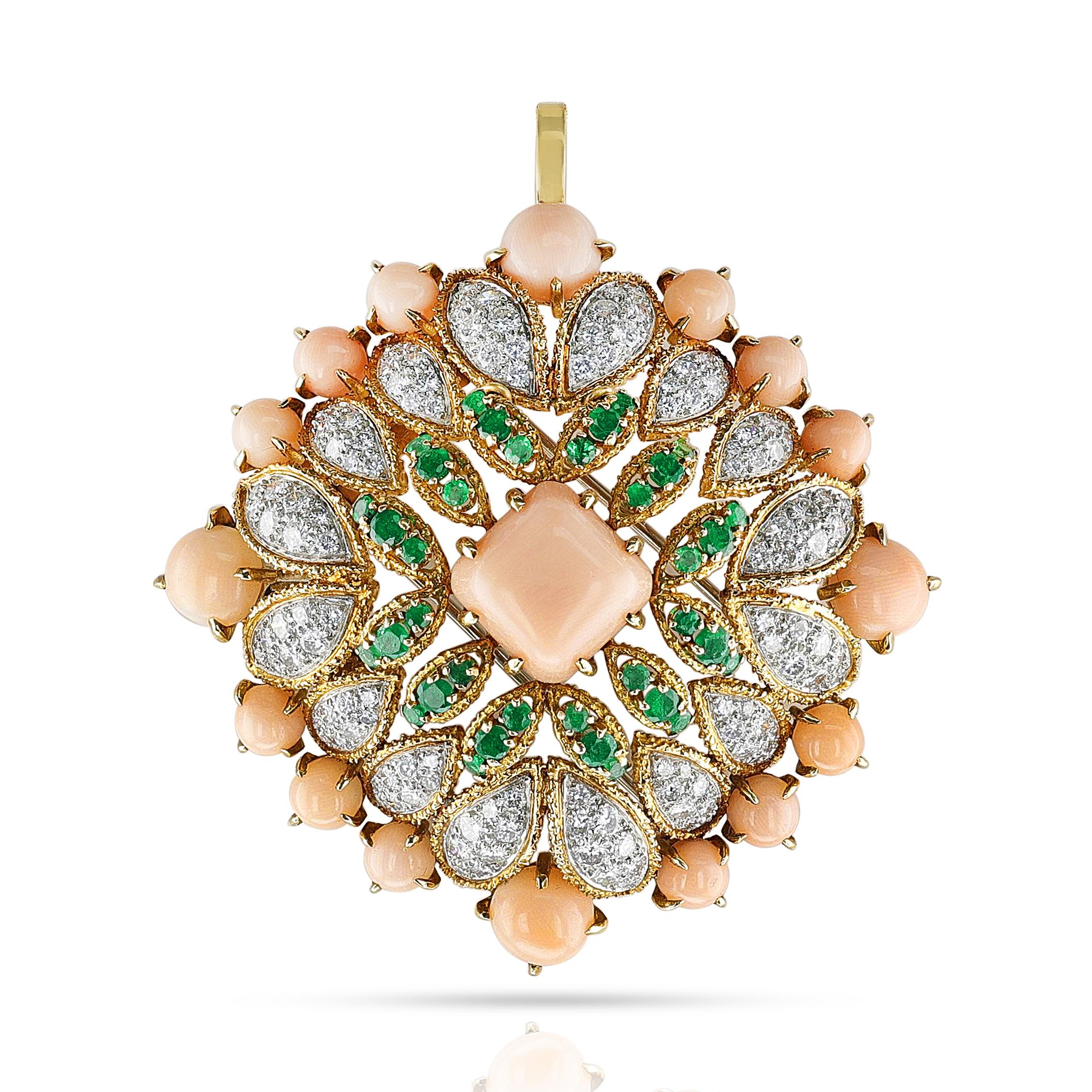 Van Cleef & Arpels Péry et Fils Coral, Emerald and Diamond Pendant Brooch In Excellent Condition For Sale In New York, NY